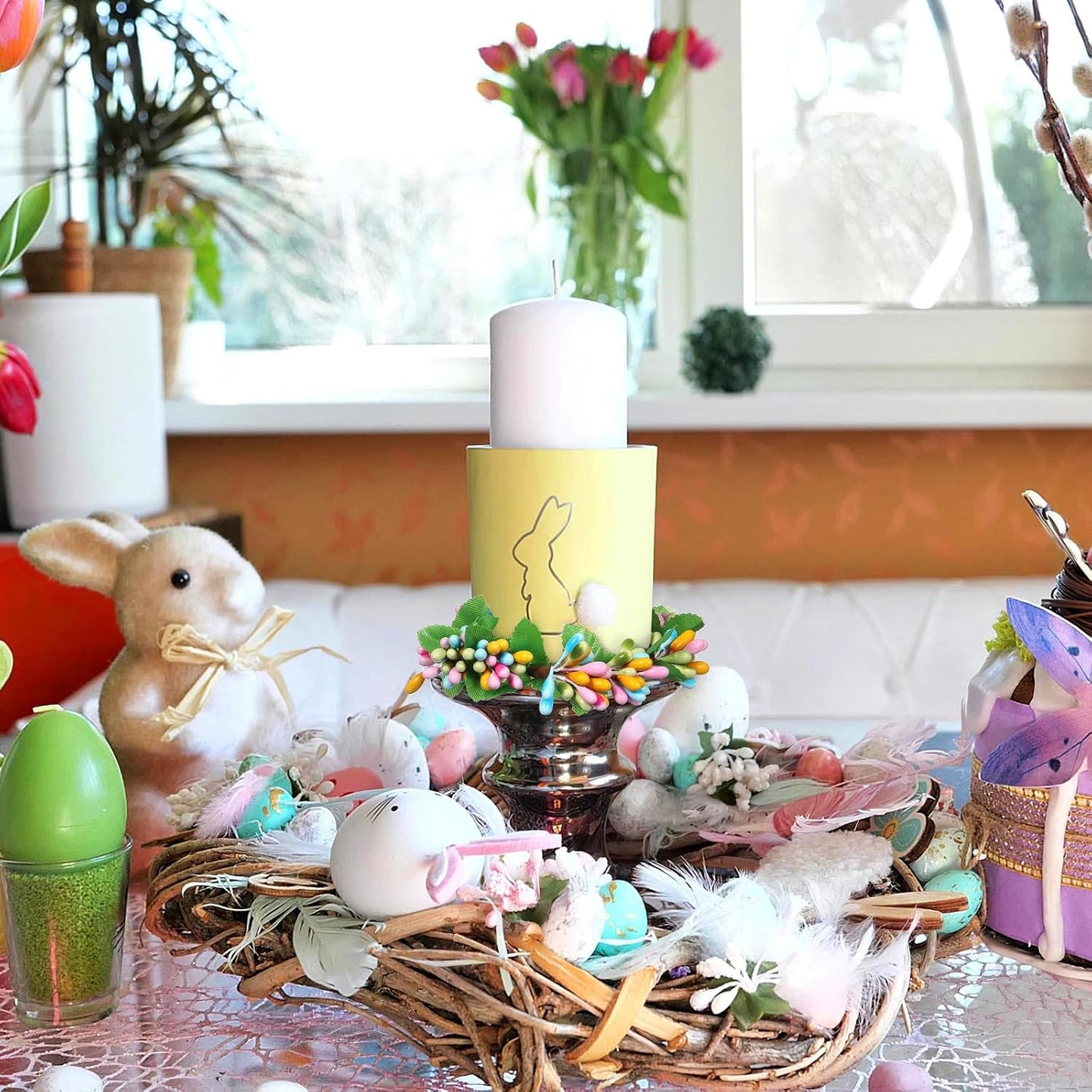 PATKAW 4 PCS Easter Candle Rings Wreaths, Spring Mini Artificial Greenery Wreath for Pillar Candles, Floral Leaf Candl·e Ring Decor for Holiday Party Table Centerpiece, Home Kitchen Decoration BST202
