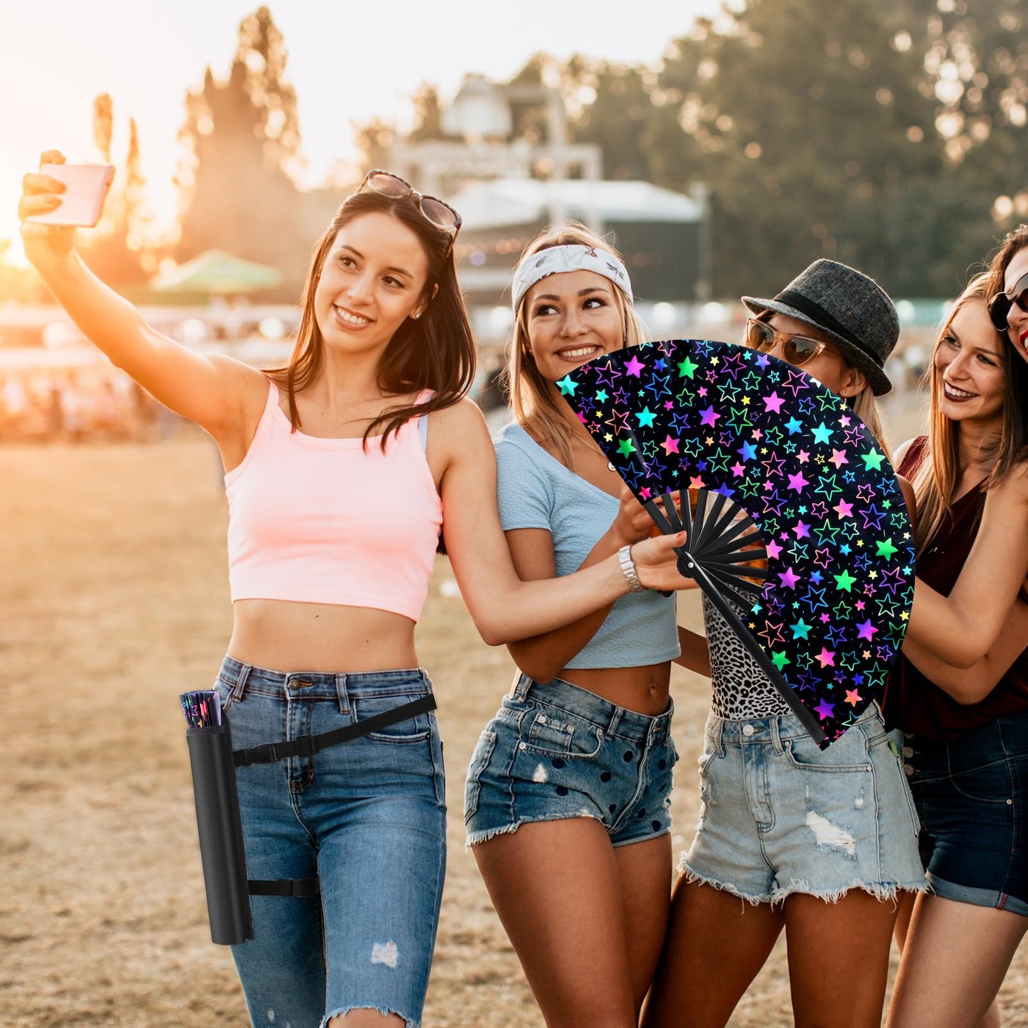 FairySandy Large Rave Fan UV Glow Clack Summer Hand Fan with Thigh Holster for Women Carnival Party Supplies for Carnival Edm Music Festival Club Accessories(Cool Style,Black) WN420