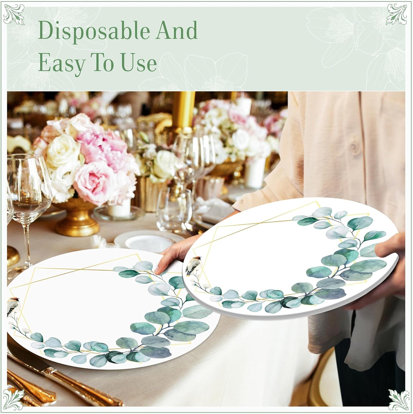 48 PCS Paper Placemats, Disposable Round Table Mats Greenery Eucalyptus Leaves Design Tableware Decoration for Birthday, Banquet, Wedding, Baby Shower Party, Home Dining BST220