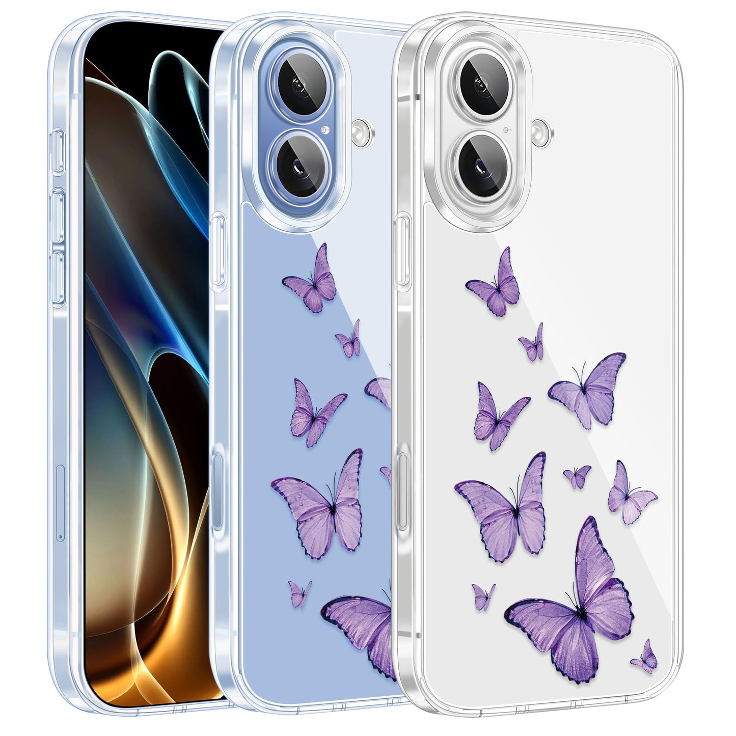 Cute Girly Crystal Clear Case Compatible with iPhone 16 Pro, Camera Control & Shockproof Protection Floral Case for Women, Blue Butterflies WN420