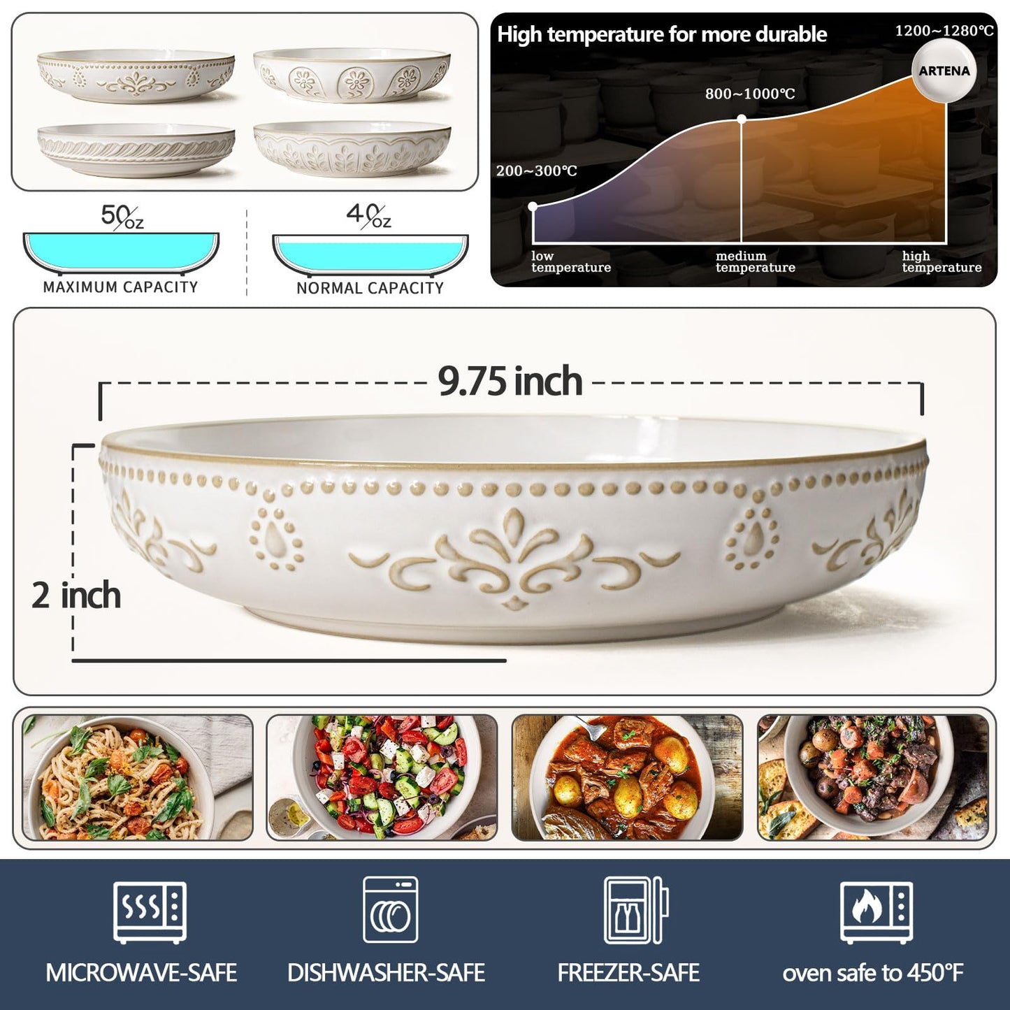 Artena Pasta Bowls, 50oz Large Salad Serving Bowls, 9.75'' Plates Bowls Set of 4, Big White Ceramic Soup Bowls for Kitchen, Embossment Shallow Dinner Bowl, Microwave Dishwasher Safe, Willow Leaf BST326H