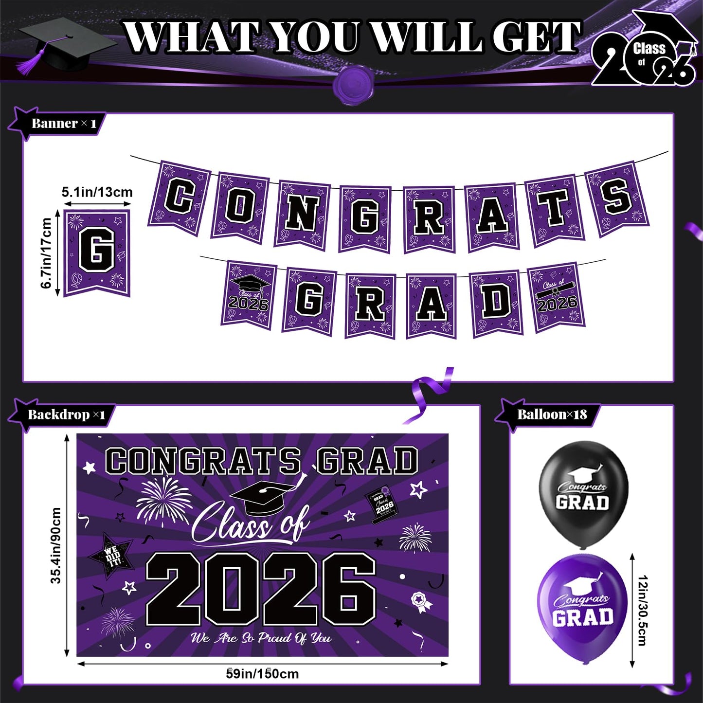 Graduation Decorations 2026-Blue and Black Graduation Party Decorations Supplies Class of 2026 with Graduation Banner, Backdrop, Balloons, Centerpieces, Hanging Swirl for Grad Party BST326H