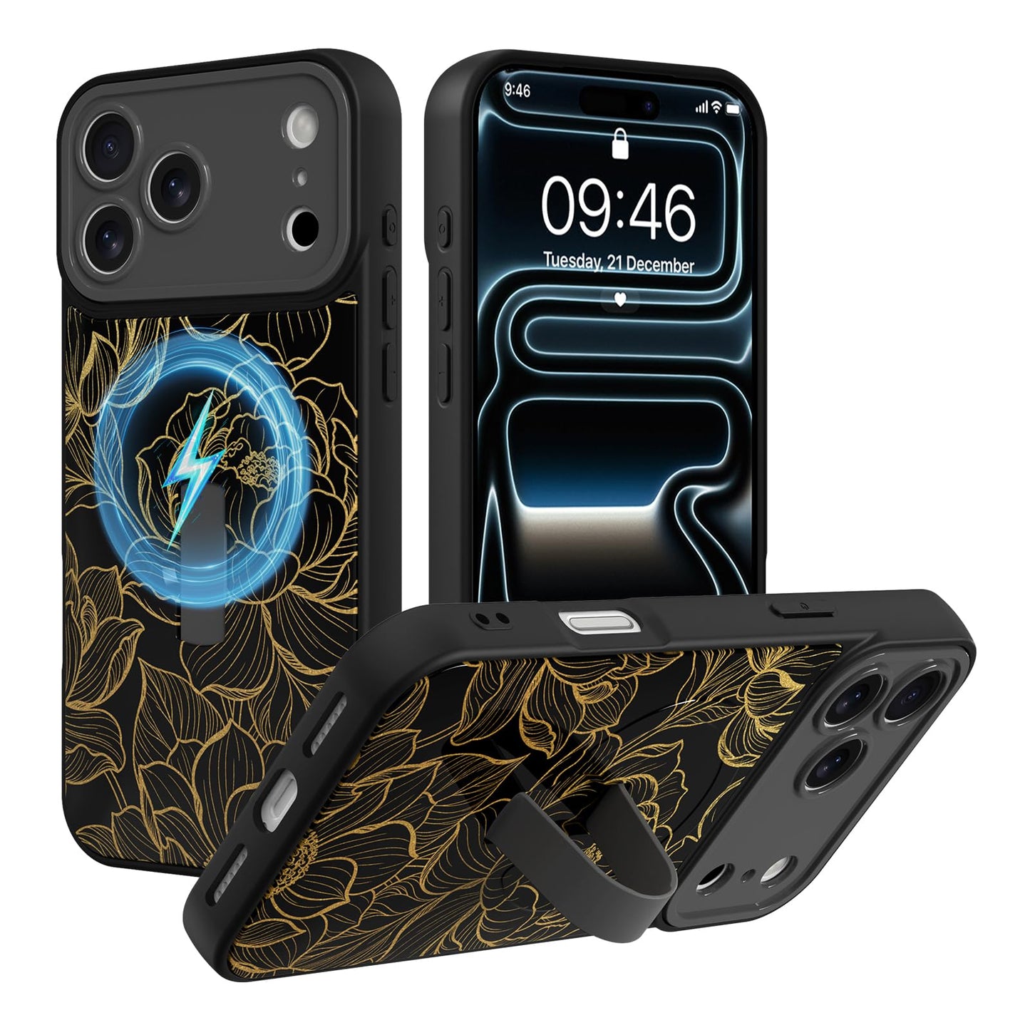 Compatible with iPhone 13 Case, Cute Cheetah Leopard Pattern | Built in Adjustable Wrist Strap Grip Hand Holder Stand Shockproof Kickstand Cover for Women Girls (Black White) WN420