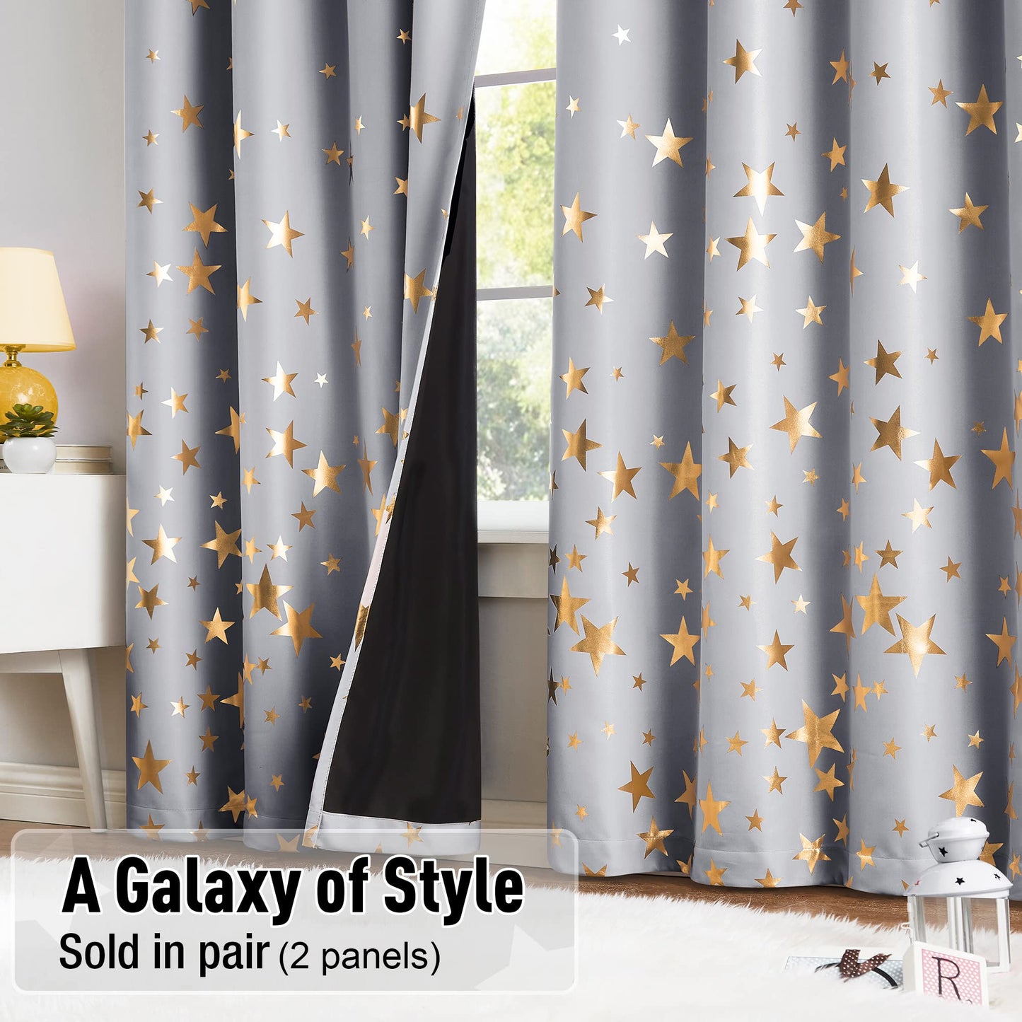 Treatmentex Gold Star Black Full Blackout Curtains for Boys Bedroom, Metallic Window Panels for Baby Nursery Room Grommet Top 2 pcs(Black Gold, 50x63in) BST202