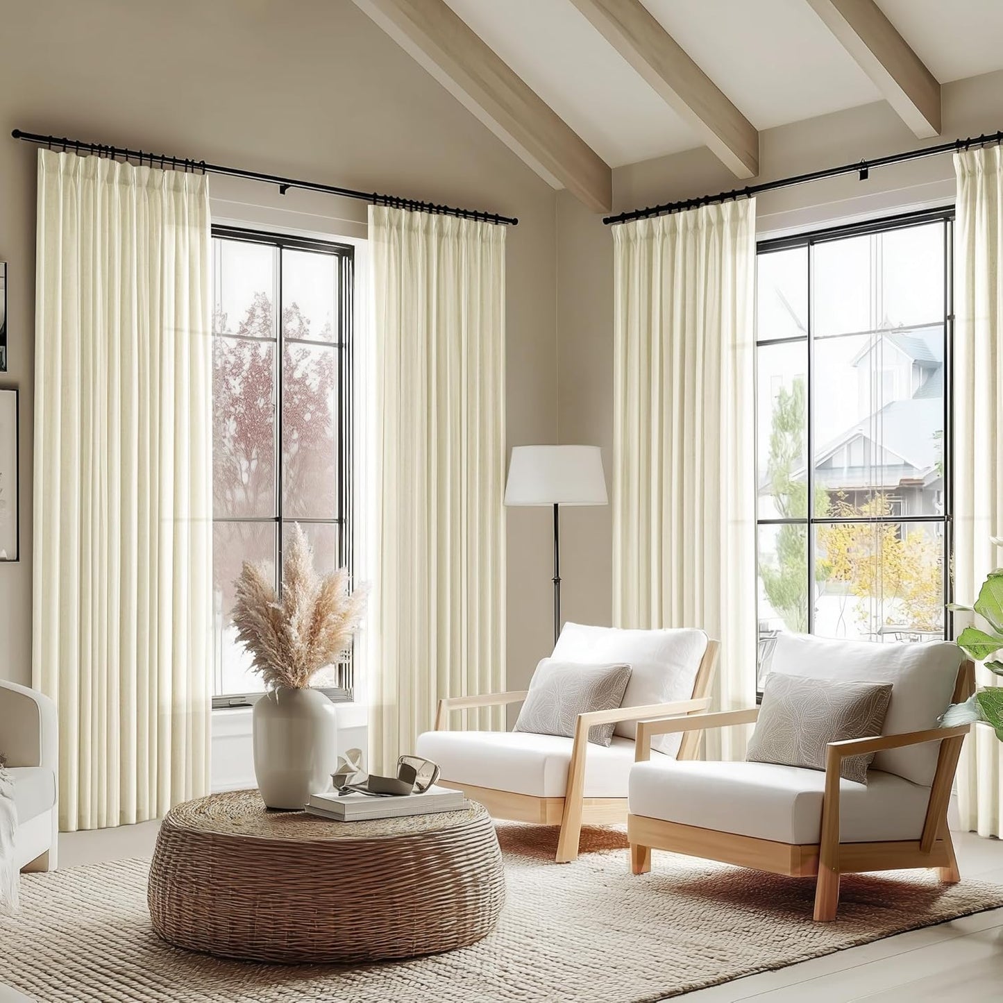 PANGSINNE Beige Linen Curtains Pinch Pleated - 84 Inches Long Semi Sheer Curtains for Living Room with Rings Back Tab 2 Panels Set Light Filtering Farmhouse Drapes