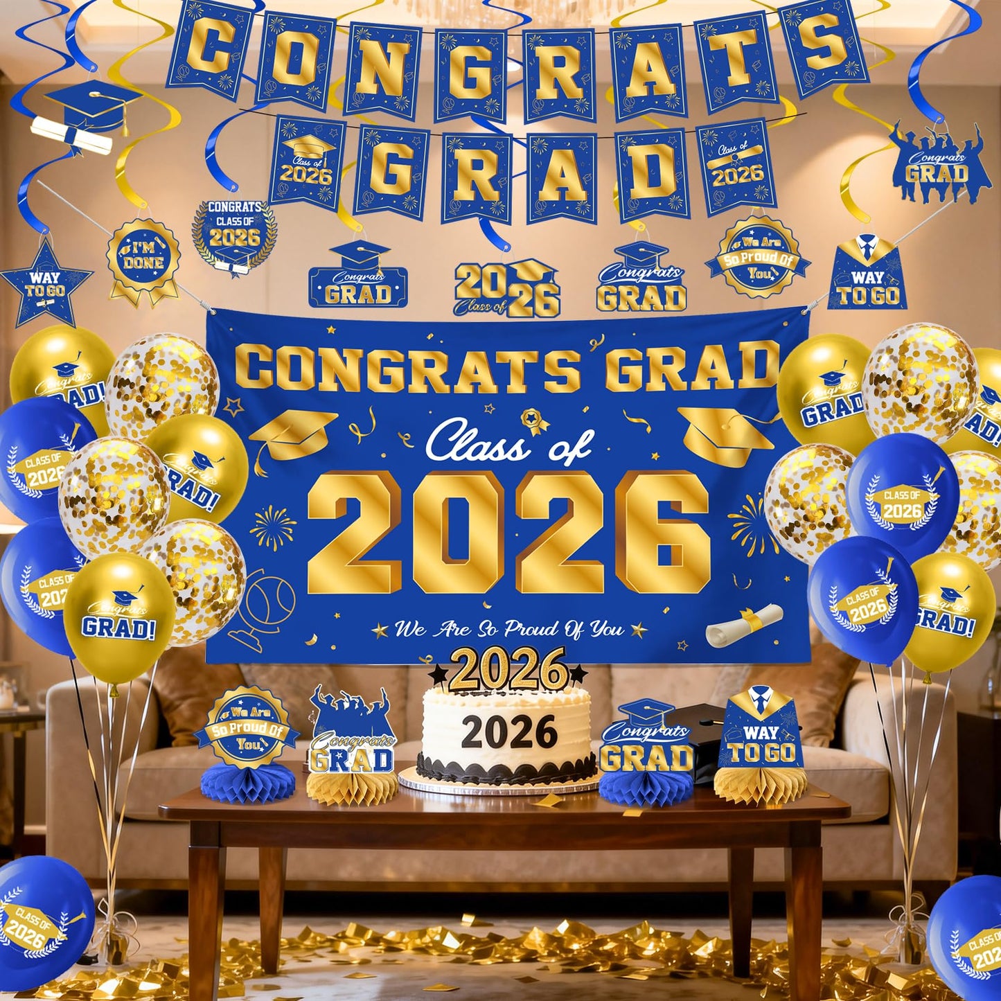 Graduation Decorations 2026-Black and Gold Graduation Party Decorations Supplies Class of 2026 with Graduation Banner, Backdrop, Balloons, Centerpieces, Hanging Swirl for Grad Party BST326H