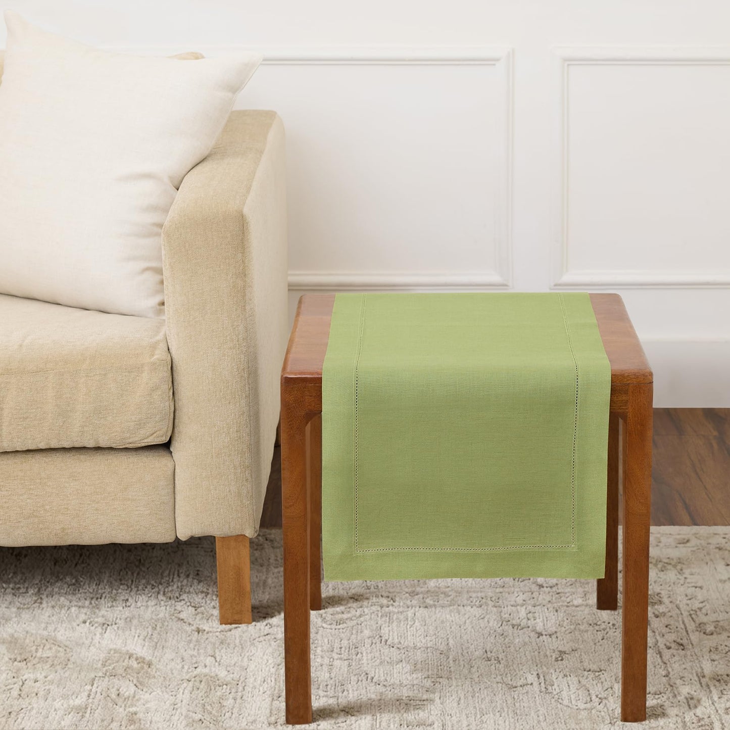 Solino Home 100% Pure Linen Table Runner Garden Green Hemstitch, 14 x 48 in | Classic Hemstitch Table Runners for dining, hallway and console table styling | hand hemstitched borders | OEKO-TEX Certified BST326SOLH