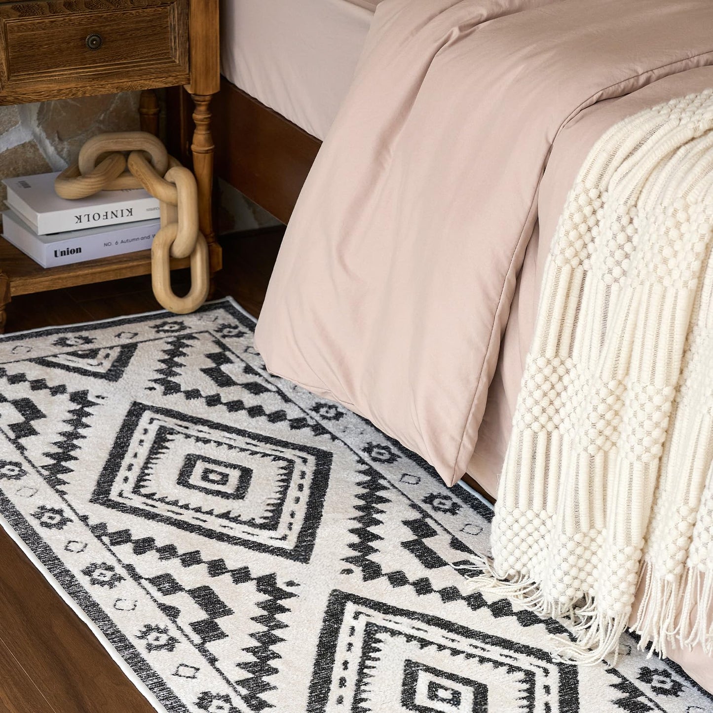 Moroccan Washable Area Rug 3x5, Geometric Tribal Decorative Woven Rug, Non-Slip Boho Farmhouse Soft Low-Pile Area Rug for Living Room Bedroom Nursery Dining Table, Dark Brown/White BST326H