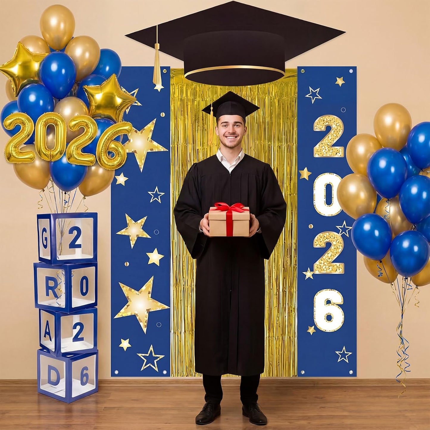 Frienda 9 Pcs 2026 Graduation Party Decoration Include Grad Box, Class of 2026 Graduation Door Porch Banner with Tinsel Curtain, Grad Photo Backdrop for College School Congrat Party Decoration(Blue) BST326H