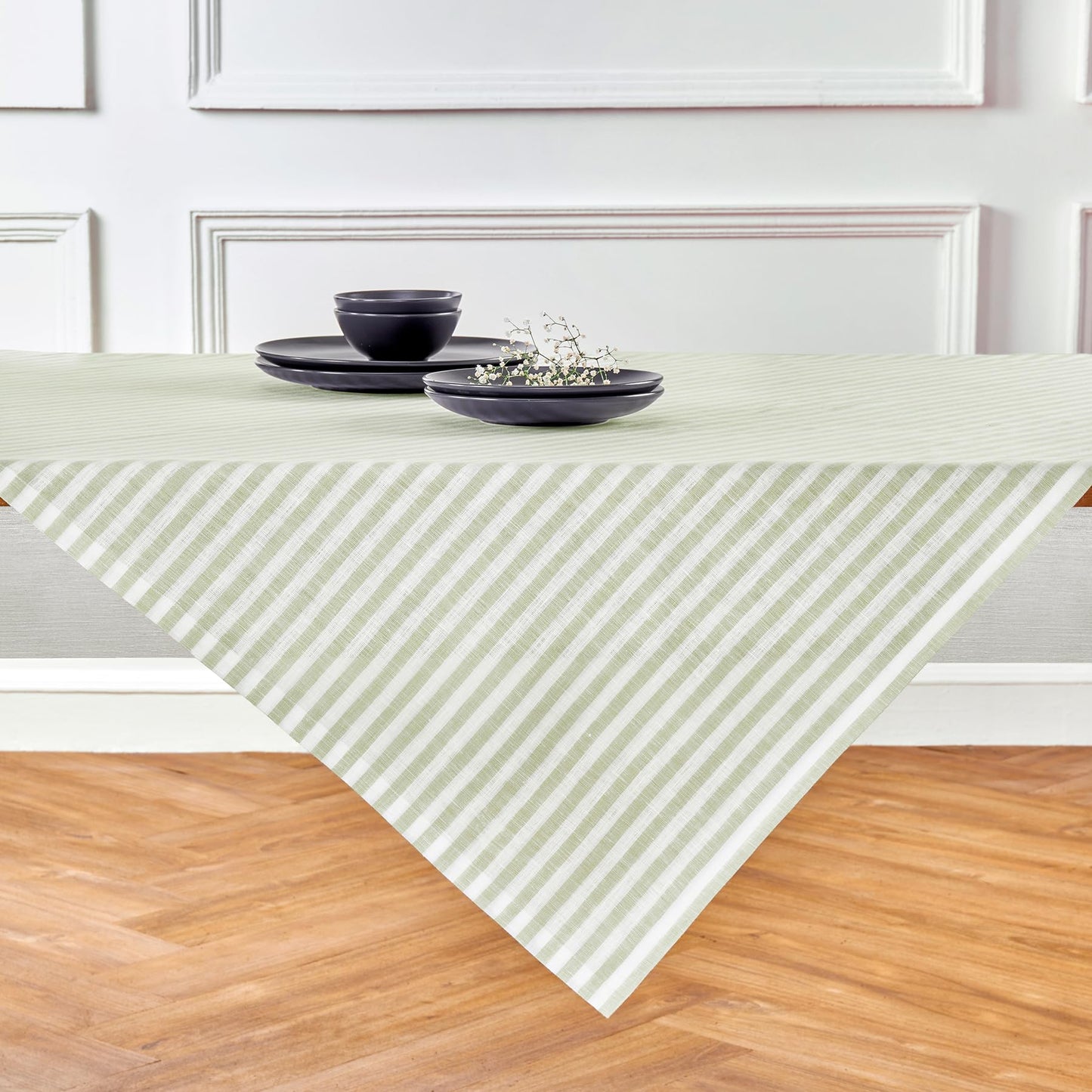 Solino Home 100% Linen Table Cloth, Throw, 52 x 52 in, Coral, Amalfi Stripe | Striped Linen Tablecloth a neat topper for bistro, card and side tables | Coral and White | Pure Linen | OEKO-TEX Certified BST326SOLH