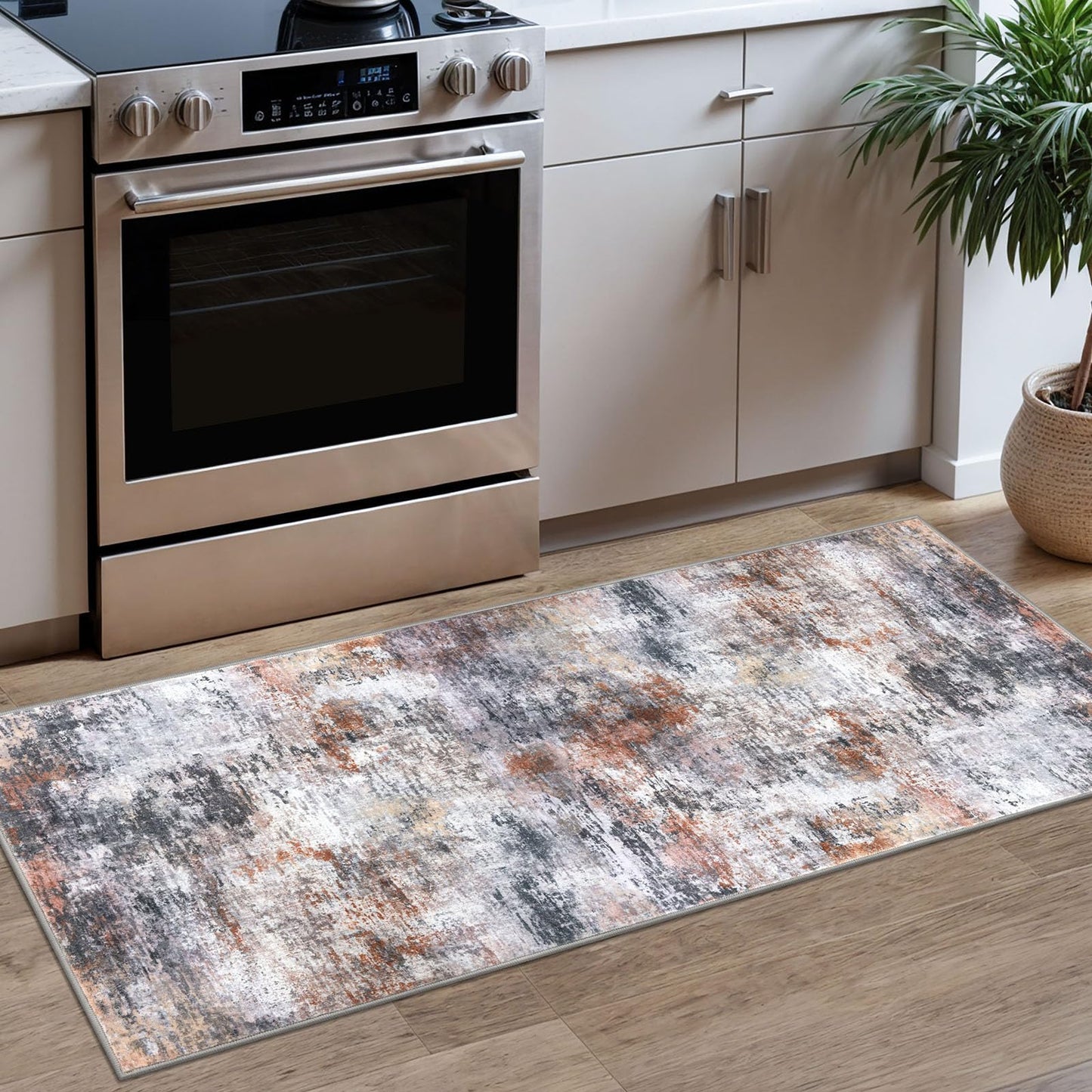 Lansny Modern Abstract Runner - 2x5, Beige Grey Washable Kitchen Entryway Rug Mat Non-Slip Soft Neutral Hallway Rug Thin Print Faux Wool Carpet for Bedroom Laundry Room Indoor BST220