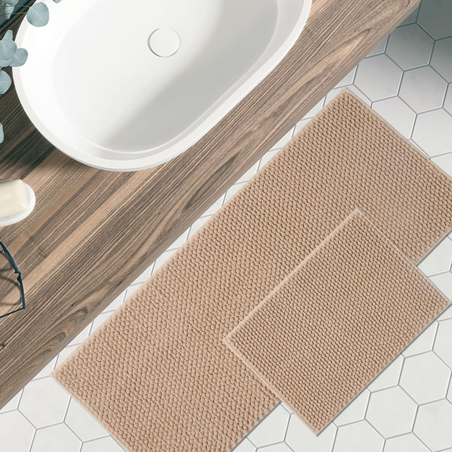 FRESHMINT Chenille Bathroom Rugs Sets 2 Piece 17"x24"+20"x32", Non-Slip Bath Mats, Absorbent Bath Rug, Washable Set of 2 Shower Floor Mat, Gray BST220