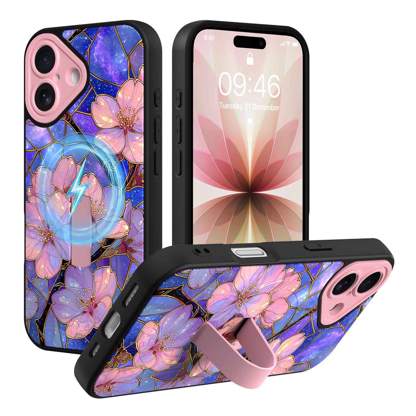 Compatible with iPhone 13 Case, Cute Cheetah Leopard Pattern | Built in Adjustable Wrist Strap Grip Hand Holder Stand Shockproof Kickstand Cover for Women Girls (Black White) WN420