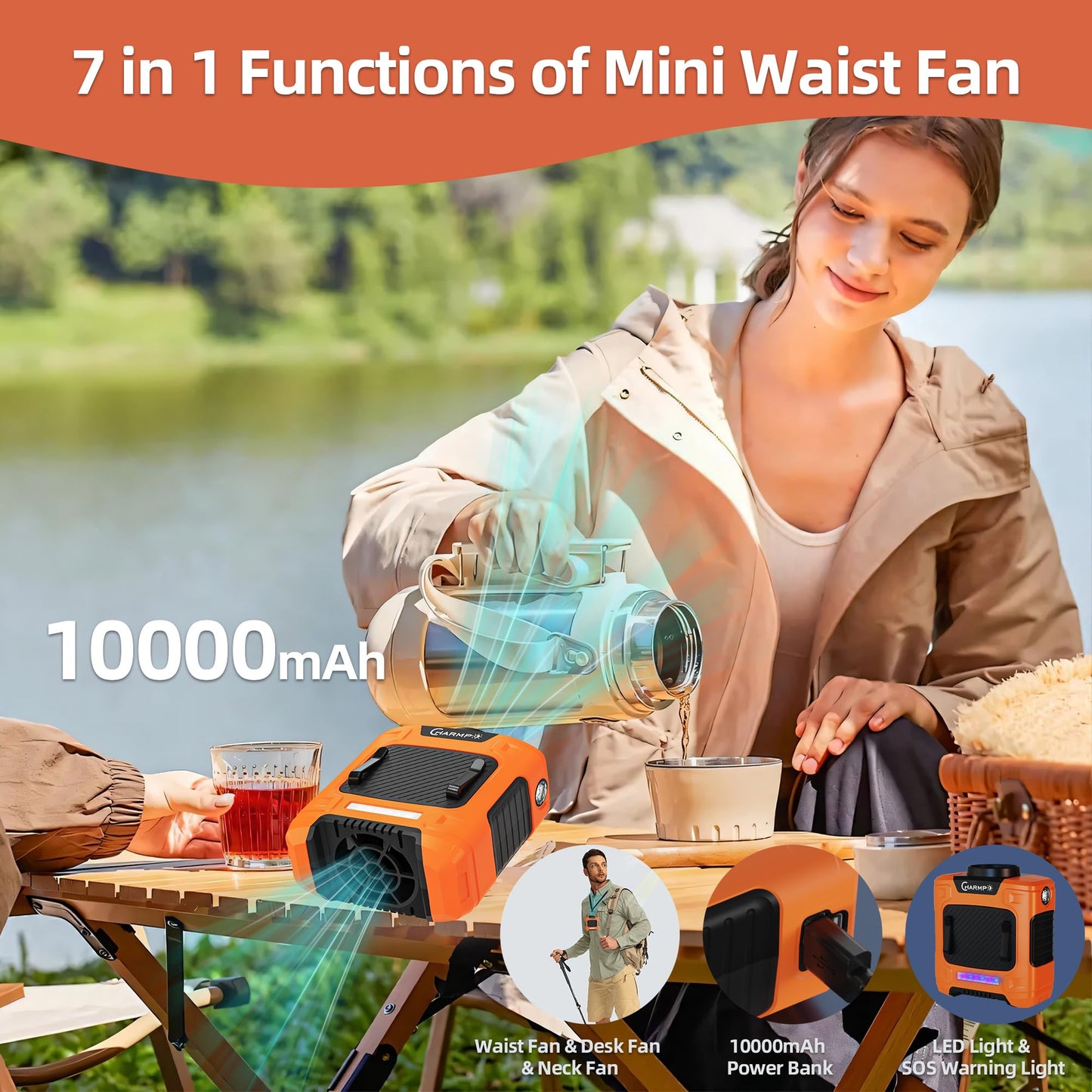 Portable Waist Fan - 6000mAh Battery, 3 Speeds, Strong Airflow, Up to 16 Hours Working Time, Portable Hands-Free Cooling Belt Clip Fan for Construction Workers, Couriers, and Campers BST202