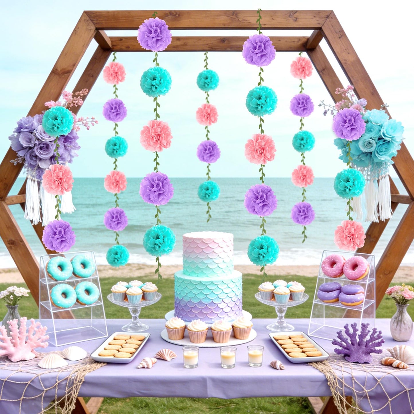 kreat4joy 4pack Pink Purple Tissue Paper Pom Poms Flowers Garland Leaf Ribbon 98.42inches Pre-Strung Reusable Ceiling for Birthday Baby Shower Wedding Bridal Shower Home Event Wall Party Decoration BST220