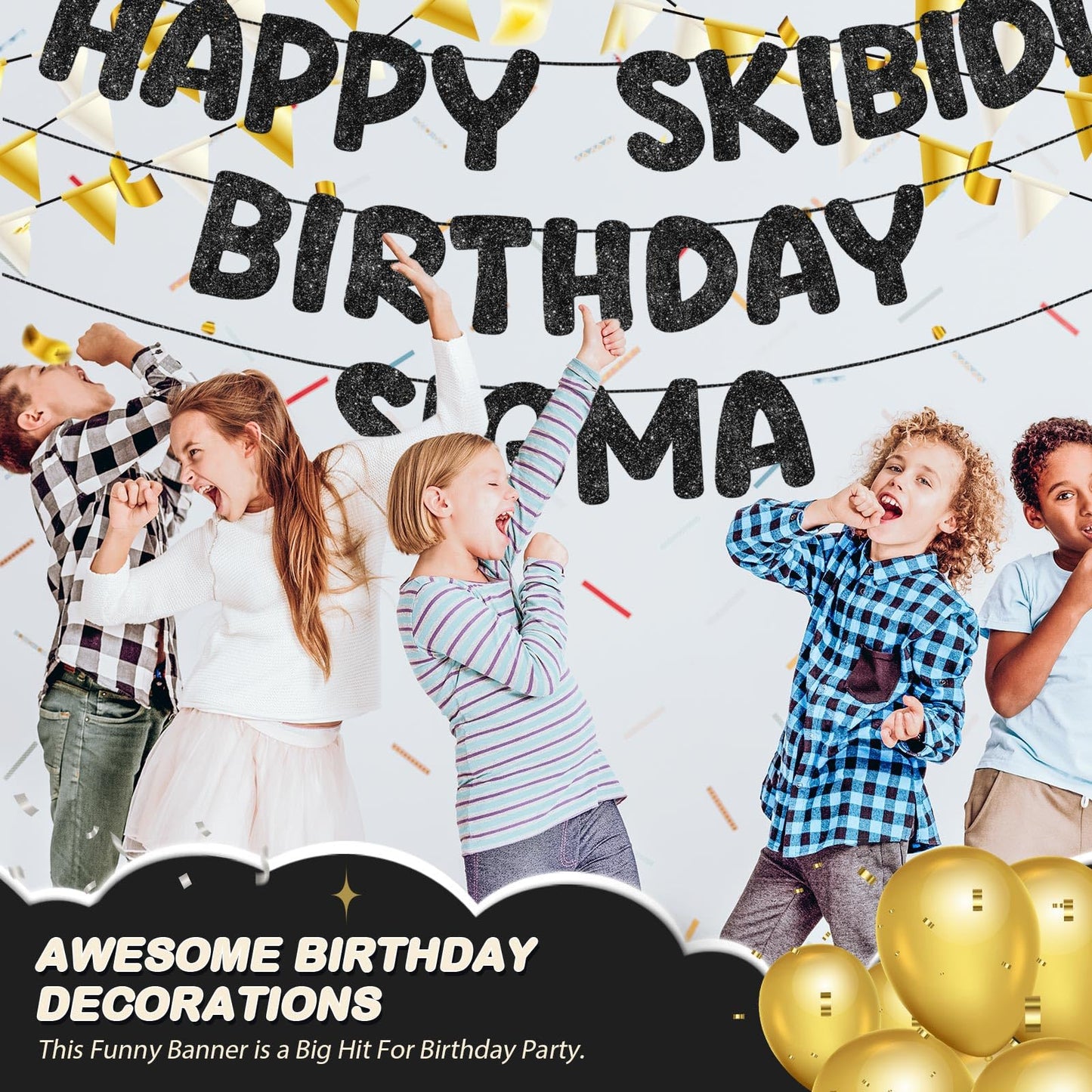 Fulmoon Pre Strung Happy Skibidi Birthday Sigma Banner Glitter Funny Zoomer Gen Z Slang Birthday Party Supplies Gen Z Slag Party Decorations Sign Gift(Champagne Gold) WN420