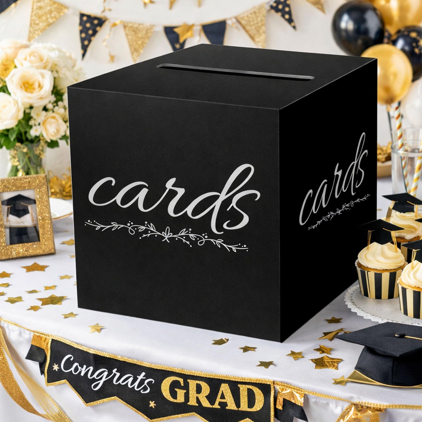 1 Pack White and Gold Wedding Card Box for Party Graduation Bridal Baby Shower Retirement Decorations Cardboard Birthday Card Holder Raffle Ballot Voting Box with Slot 7.8 x 7.8 x 7.8 In BST220
