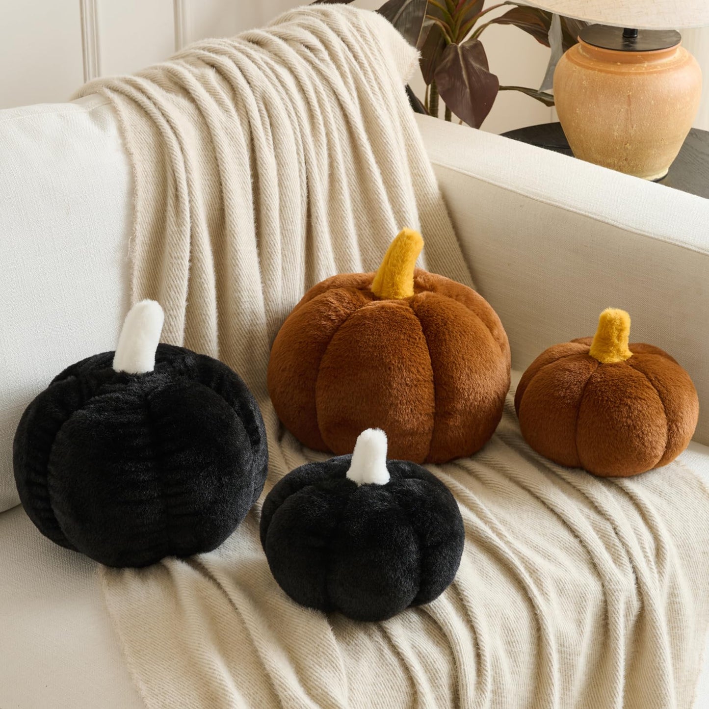 Pumpkin Pillows, Halloween Fall Throw Pillow, Pumpkin Shaped Pillow for Couch, Cute Stuffed Pumpkins, Autumn Decorative Cushion (White, 11 Inches) WN420