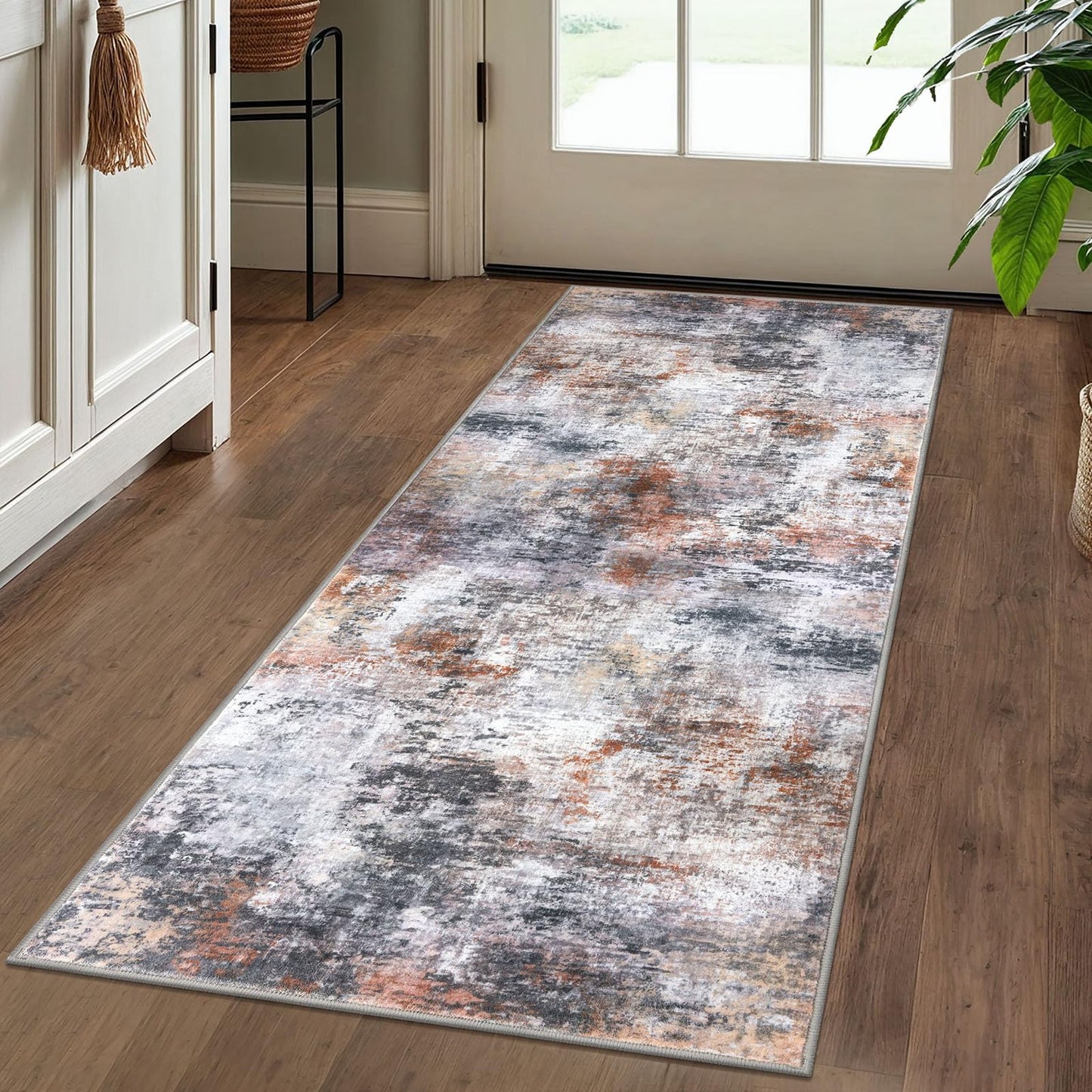 Lansny Modern Abstract Runner - 2x5, Beige Grey Washable Kitchen Entryway Rug Mat Non-Slip Soft Neutral Hallway Rug Thin Print Faux Wool Carpet for Bedroom Laundry Room Indoor BST220
