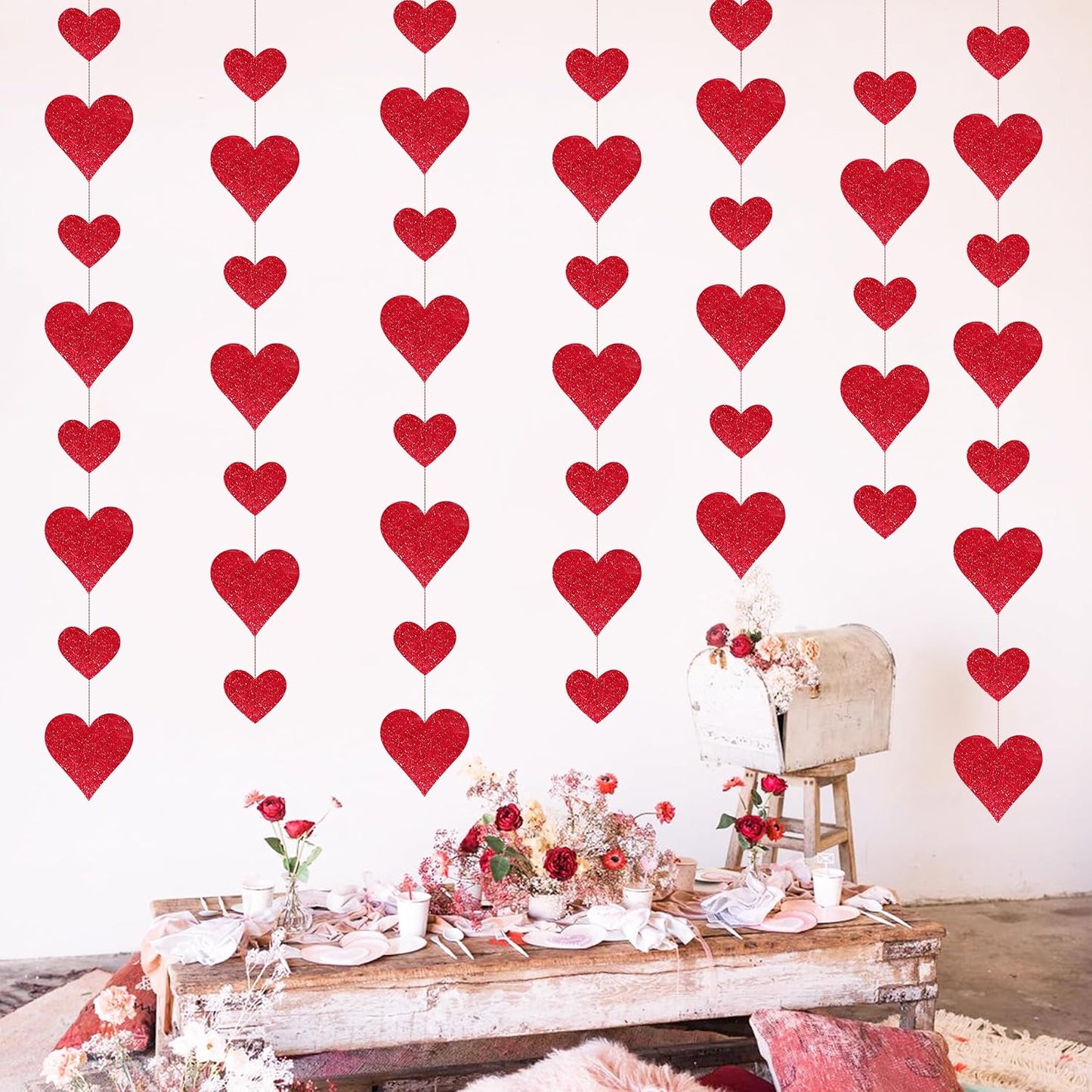4 Pack Glitter Heart Garland Valentines Day Decorations Paper Hearts Streamers Hanging Hearts Decorations for Valentines Galentines Day Birthday Bridal Shower Wedding Engagement Anniversary (Red) BST326L