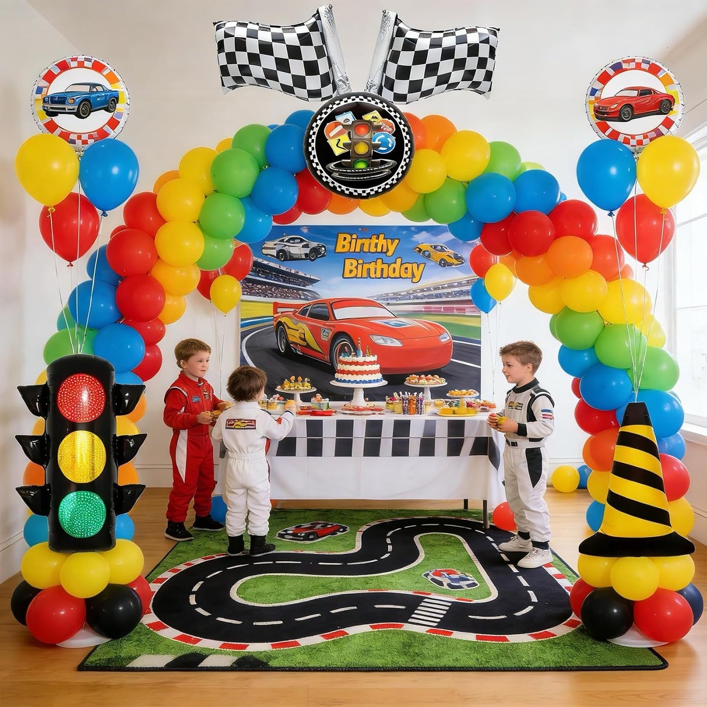 7PCS Traffic Theme Balloons Set,Racing Party Decorations with Traffic Light, Checkered Flags & Road Cone Foil Balloons, Race Car Birthday Decorations for Boys, Baby Shower WN420