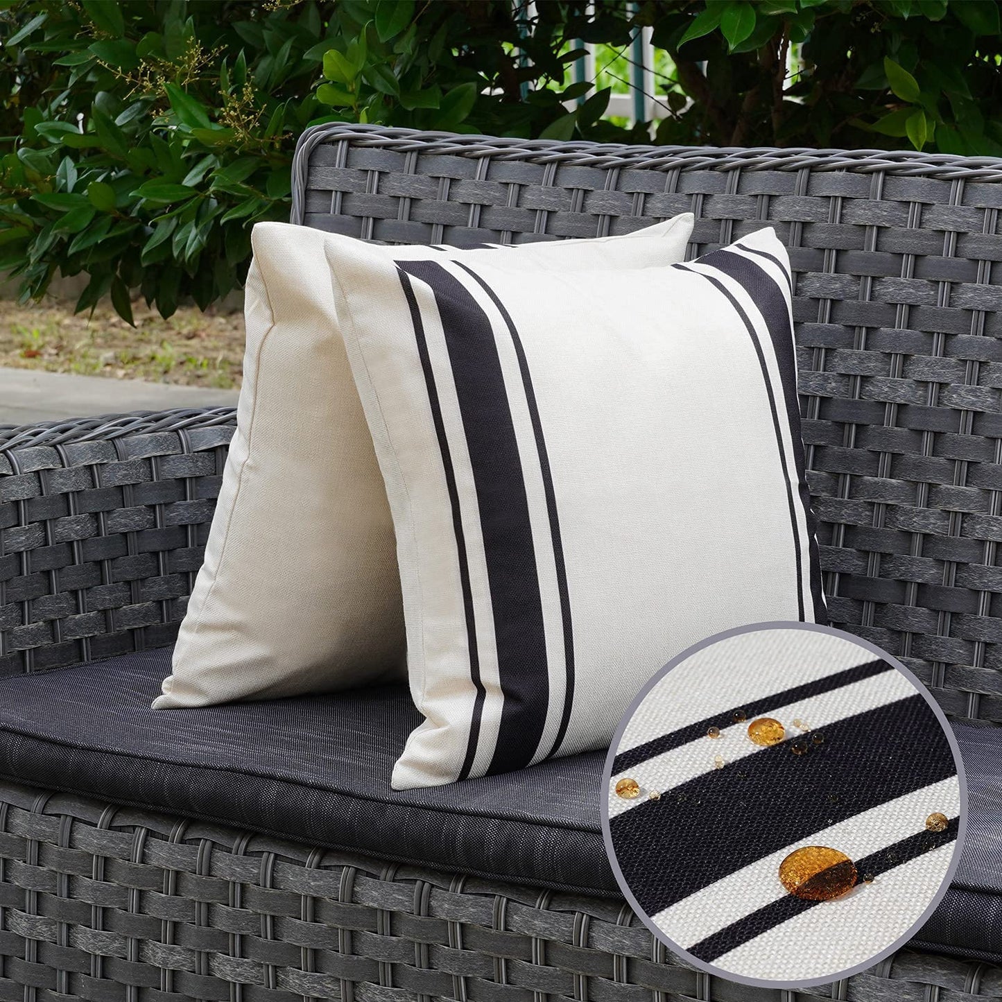 ONWAY Outdoor Pillow Covers Waterproof 18x18 Set of 2 Decorative Linen Throw Pillow Cover Beige and Black Striped Outdoor Pillows for Patio Furniture BST220