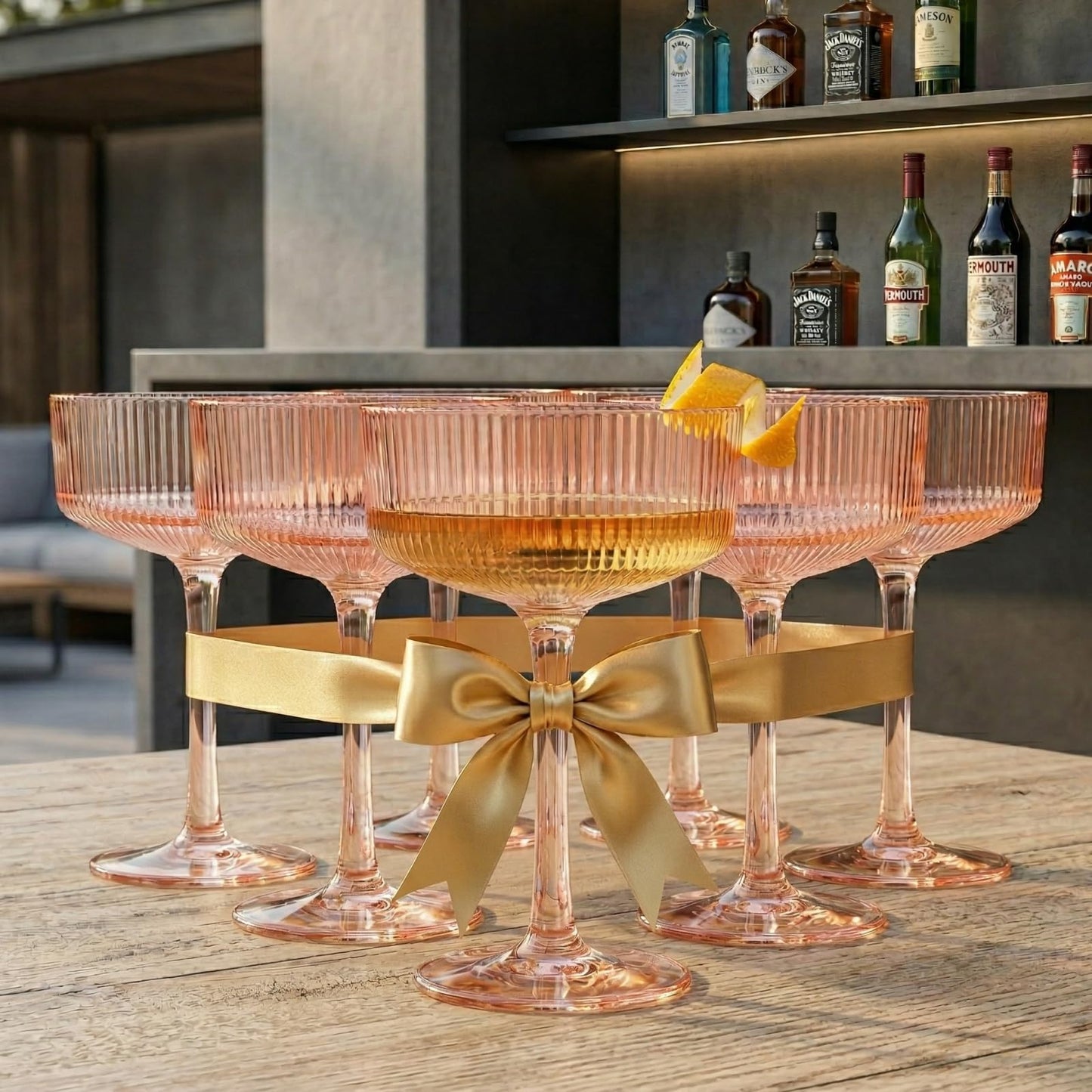 Khen Pink Peach Acrylic Ribbed Coupe Martini Champagne Cocktail Glasses, Set of 4, 8 oz Shatterproof Ripple Stemware European Style Reusable Drinkware Goblets, Indoor Outdoor Parties Weddings Bar Gift BST220