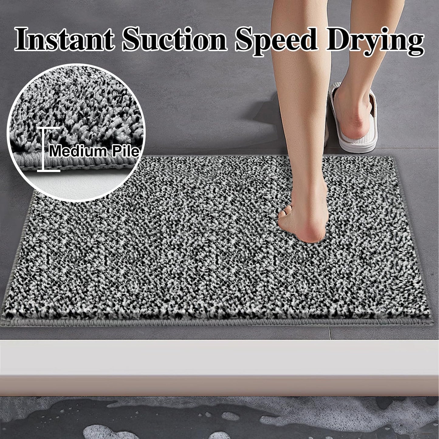 HDFK Bathroom Rugs | Non Slip Washable Bath Mats 24x16 Inches 2 Tone Soft Chenille Medium Pile TPR Floor Mat | High Absorbency Quick Dry Grey and White | Shower Rug for Wet Dry Zone BST220