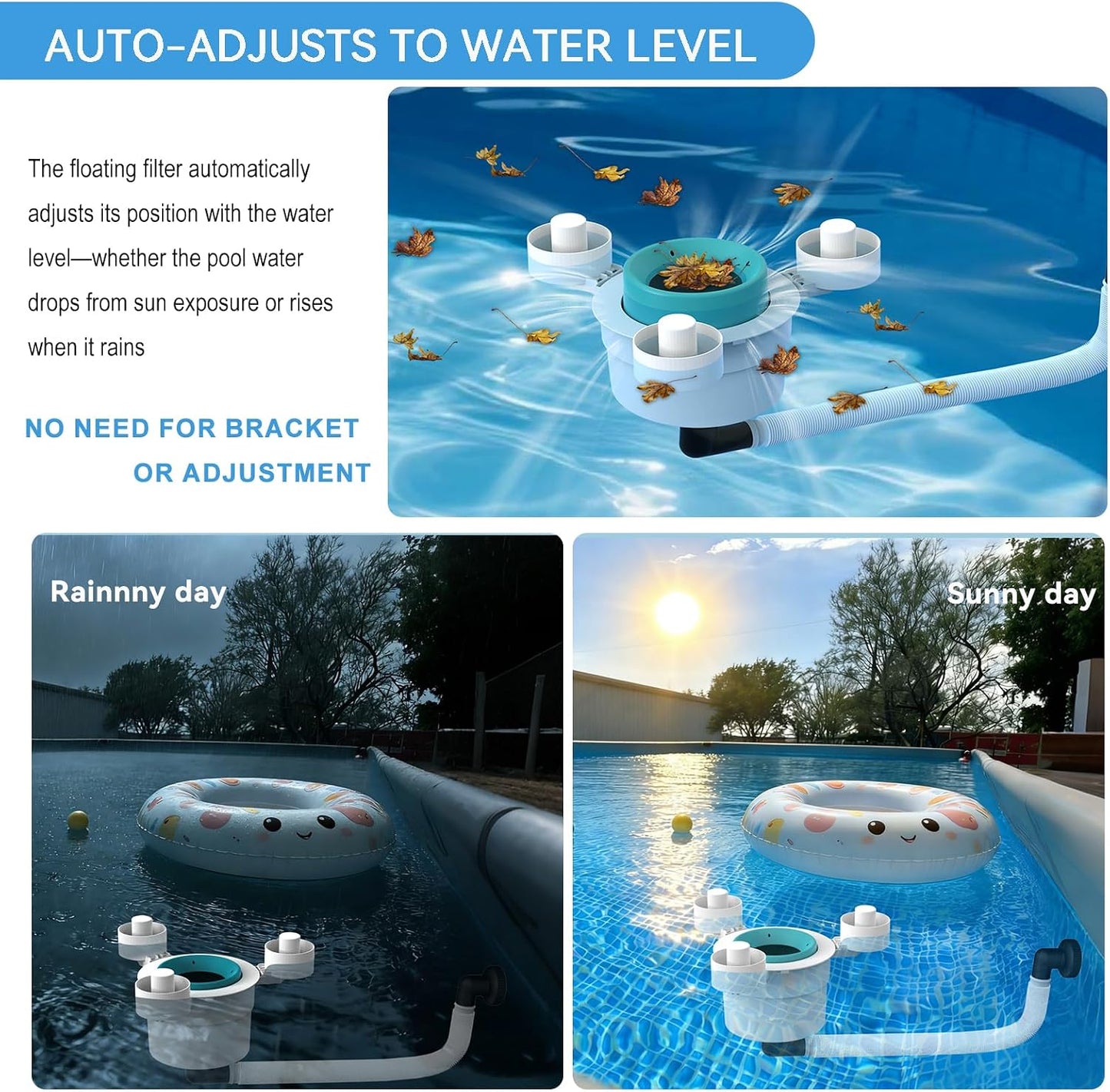 Surface Float Skimmer,No Installation Required, no Adjustable Bracket Required,Comes with 10 Filter Socks, Special Note: Skimmer Rate not exceeding 1100 GPH(Turquoise) WN420