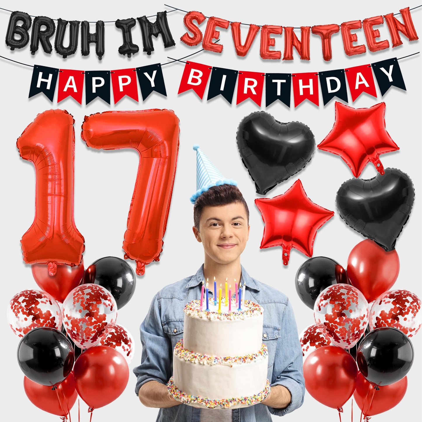 9th Birthday Decorations Boys Kit - 27 Pcs Red and Black Bruh Im Nine Balloon Banners Happy Birthday Fishtail Flags Number 9 Balloon Star Heart Balloons Set for 9 Year Old Party Decoration Supplies BST202