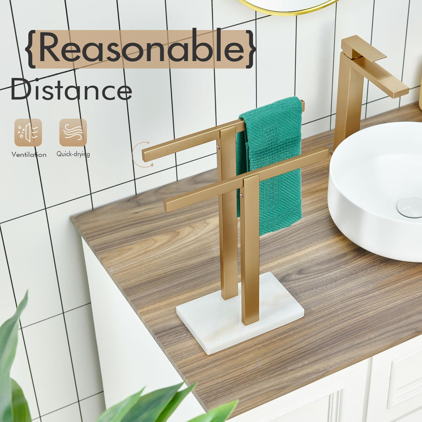 KOKOSIRI Hand Towel Holder Black Stand Towel Rack with Marble Base for Bathroom Kitchen Vanity Countertop, Stainless Steel 15.7'' Height THS0002-SM-BK BST202
