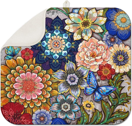 Dish Drying Mat Boho Floral Kitchen Mat for Countertop Protector Absorbent Mats Dishes Pad for Kitchen Counter Coffee Table Decor Accessories Large 16X18 inch BST326L