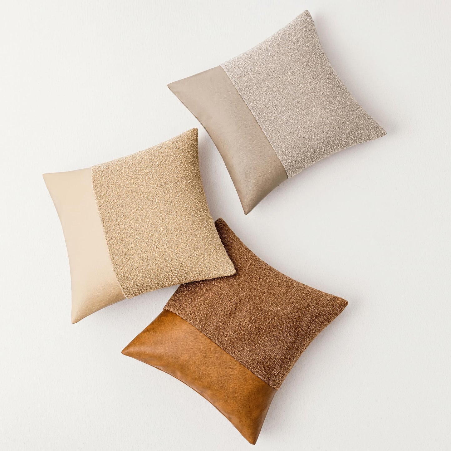 Set of 2 Fluffy Boucle Pillow Covers 18"x18", Oatmeal Textured Throw Pillow Covers with Faux Leather Accents, Boho Decorative Pillow Cases for Couch, Bed, or Farmhouse Home Decor BST220