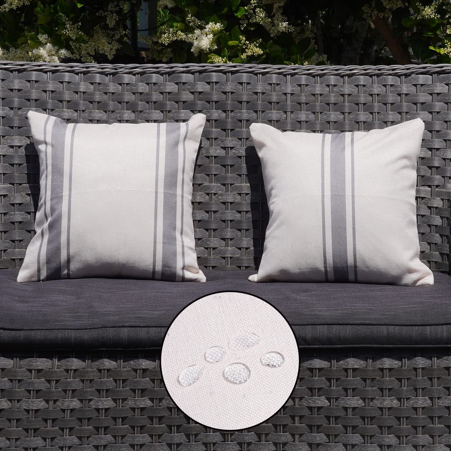 ONWAY Outdoor Pillow Covers Waterproof 18x18 Set of 2 Decorative Linen Throw Pillow Cover Beige and Black Striped Outdoor Pillows for Patio Furniture BST220