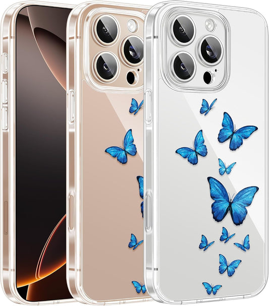 Cute Girly Crystal Clear Case Compatible with iPhone 16 Pro, Camera Control & Shockproof Protection Floral Case for Women, Blue Butterflies WN420