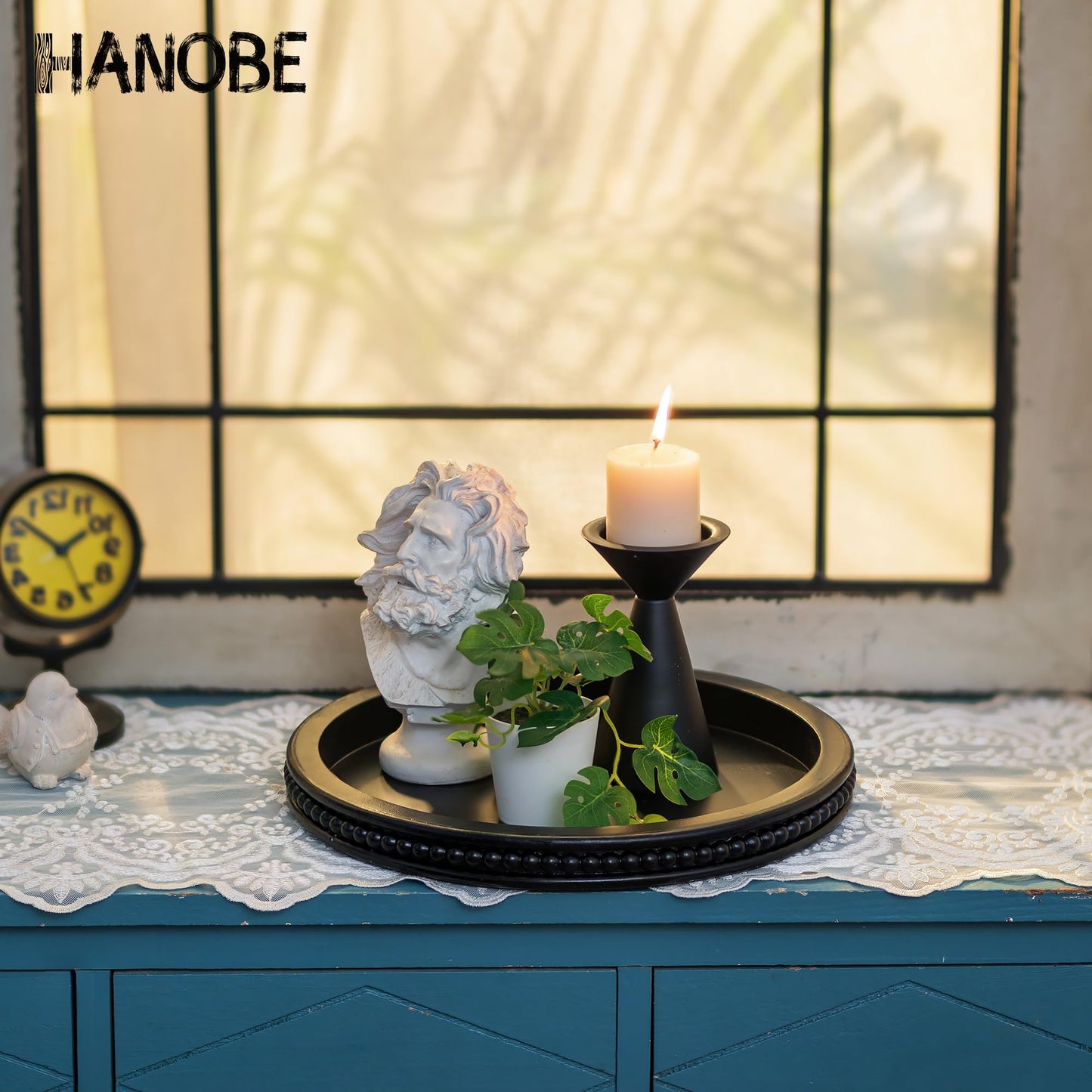 Hanobe Decorative Tray for Coffee Table: 10.5-Inch Round Whitewashed Wood Tray for Rustic Farmhouse Living Room Kitchen Island Entryway Home Decor BST326H