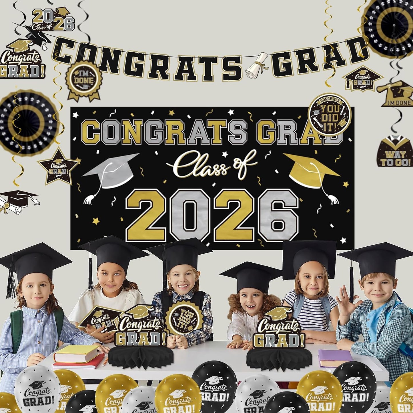Black and Gold Themed 2026 Graduation Decorations Set - Congrats Grad Banner, Class of 2026 Backdrop, Balloons & Streamers Kit - Graduation Party Supplies for High School & College Celebrations BST326H