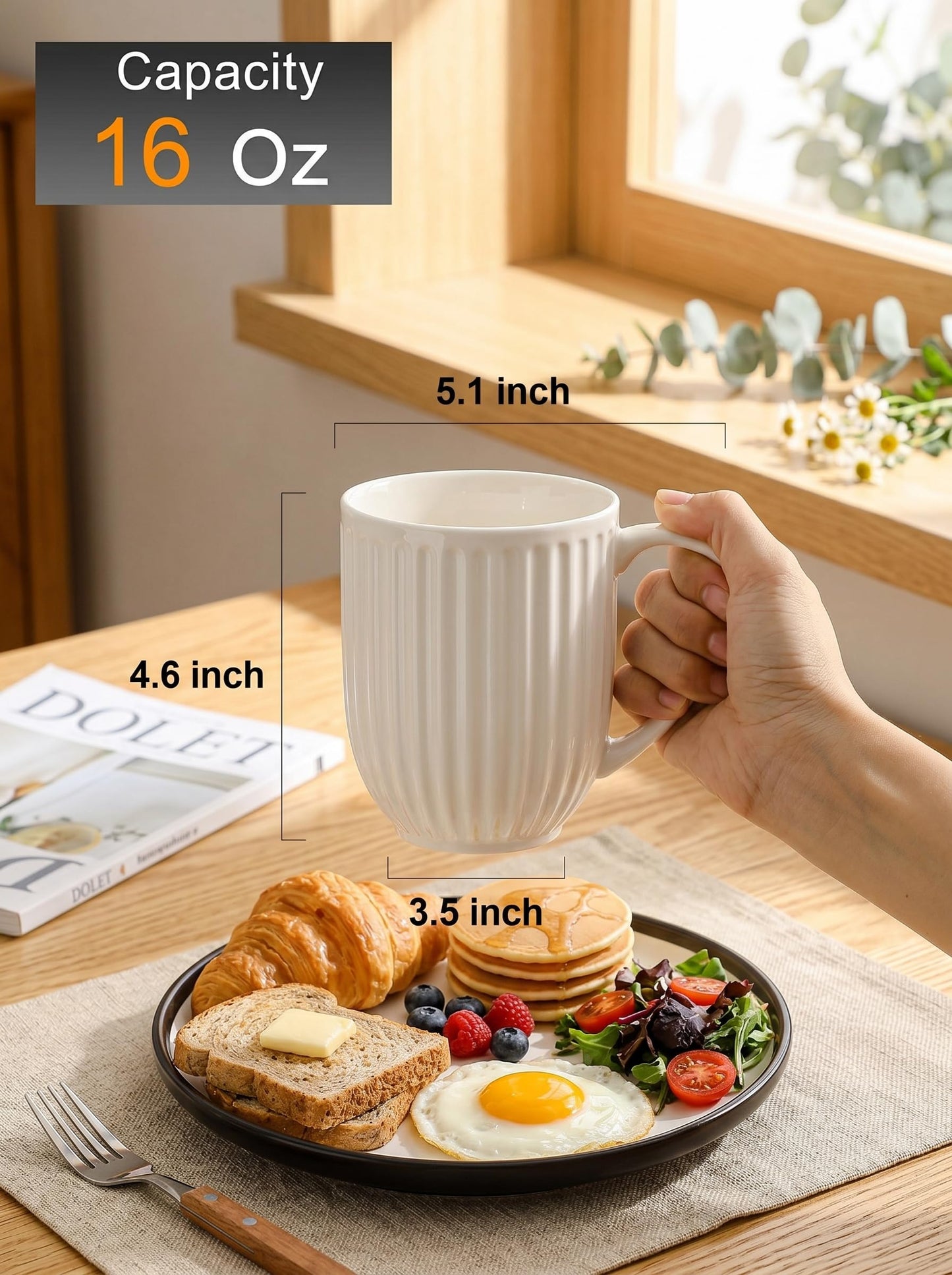 HASENSE Textured Large Coffee Mugs Set of 4, 16 Oz Ribbed Ceramic Cups with Large Handle for Latte Tea Cappuccino, Stackable Embossed Mug Set for Mom Dad, Microwave Dishwasher Safe, Creamy White BST220