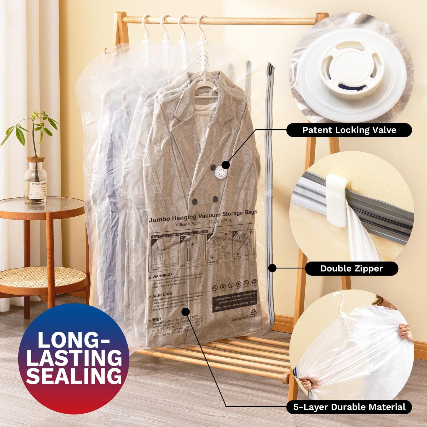 Hanging Vacuum Storage Bags, 6 Pack Hanging Storage Bags for Clothes With Electric Pump N27