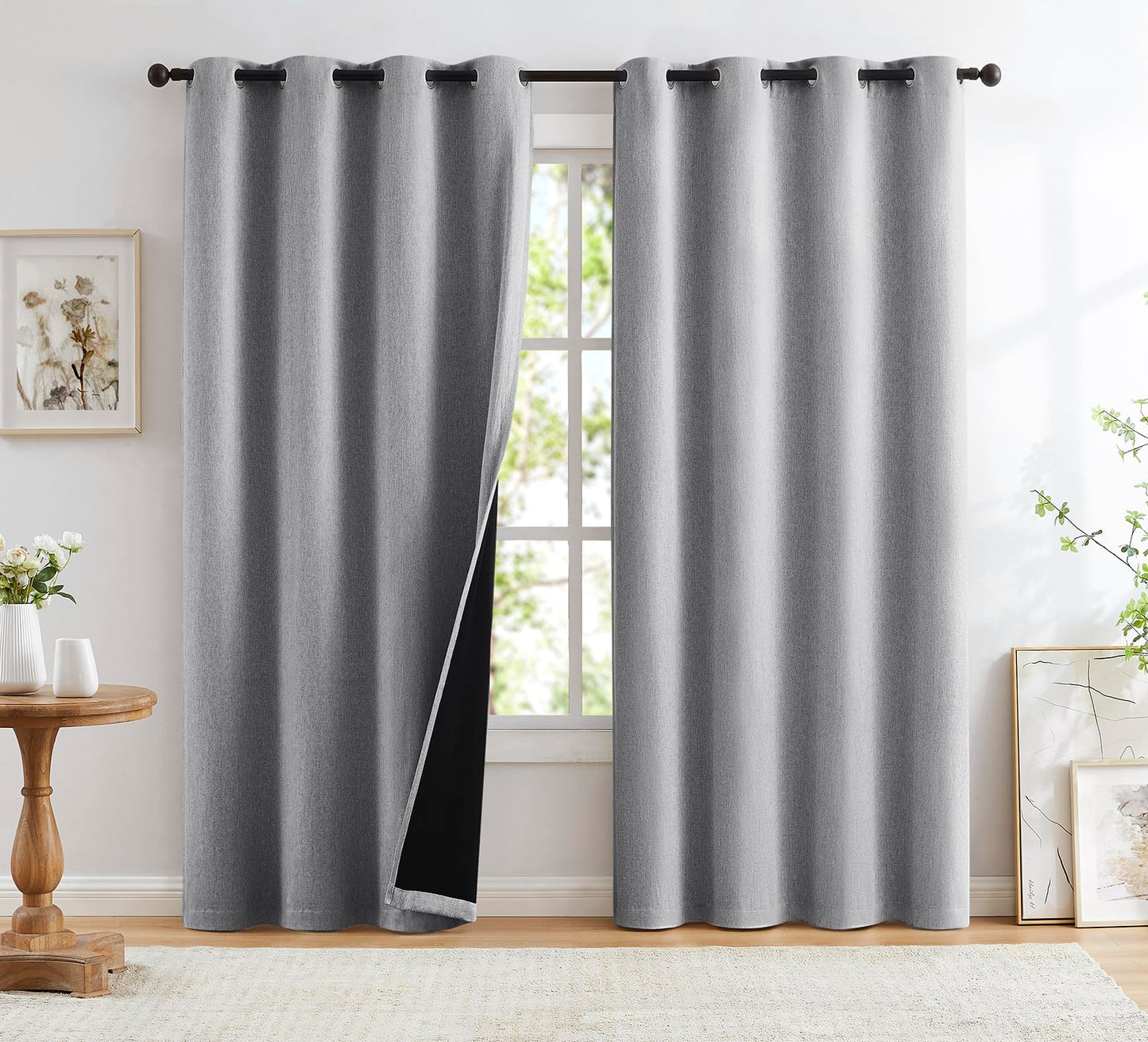 Grey Full Blackout Linen Curtains 84-inch-Long Thermal Insulated Noise Reducing Bedroom Drapes Rustic Farmhouse Triple Weave Window Treatment Set for Theatre, Nursery, 40"x84"x2, Grey BST202