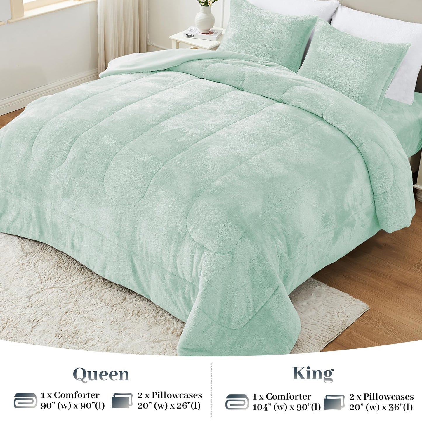 YIYEA Fluffy Queen Size Comforter Set, Luxury Faux Fur Comforter, Ultra Soft Plush Fuzzy Velvet Bedding Comforter Sets for Fall Winter, Cozy Warmth, No Shedding, 3PC, Queen, Light Grey BST326H