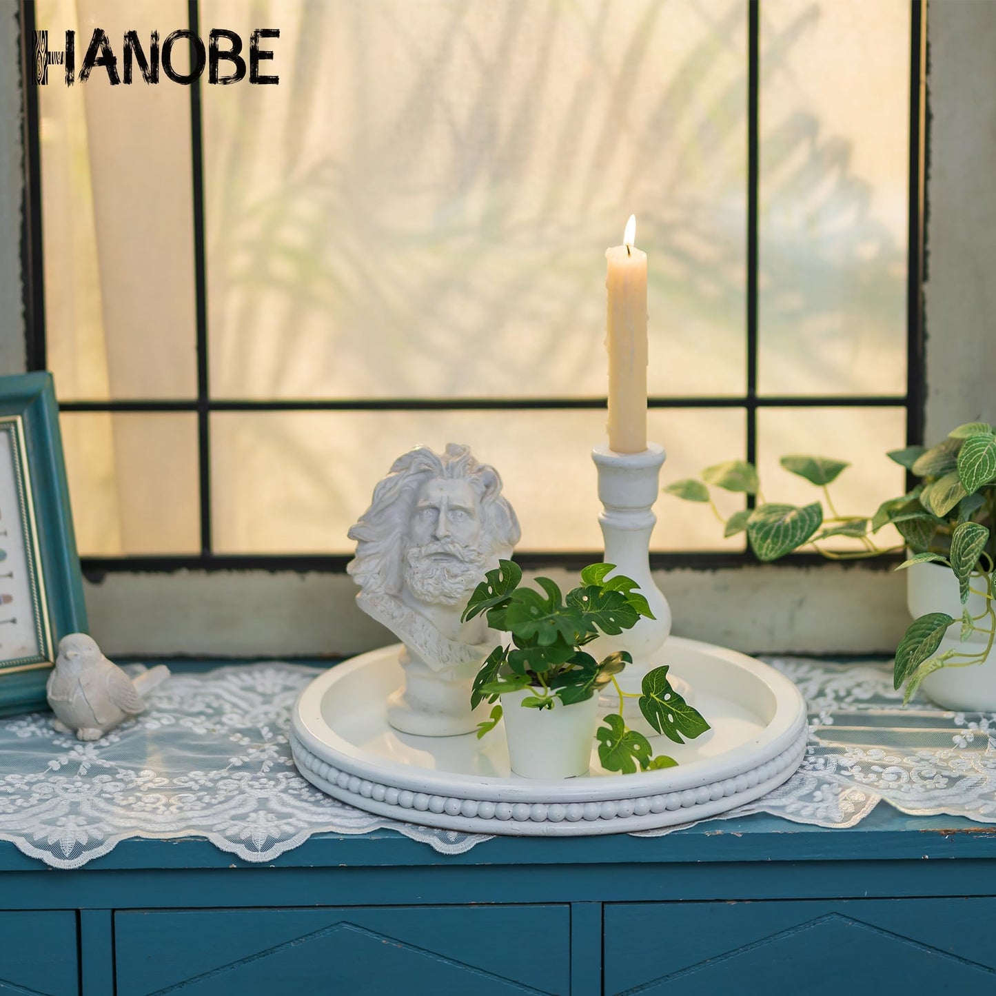 Hanobe Decorative Tray for Coffee Table: 10.5-Inch Round Whitewashed Wood Tray for Rustic Farmhouse Living Room Kitchen Island Entryway Home Decor BST326H