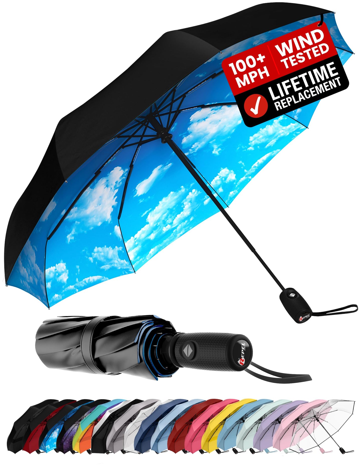 Repel Windproof Travel Umbrella - Compact & Withstands Winds up to 100MPH , Strongest Premium Auto Folding Umbrella for Rain and Sun - Durable, Light & Portable for Women & Men , Fits Backpack & Cars