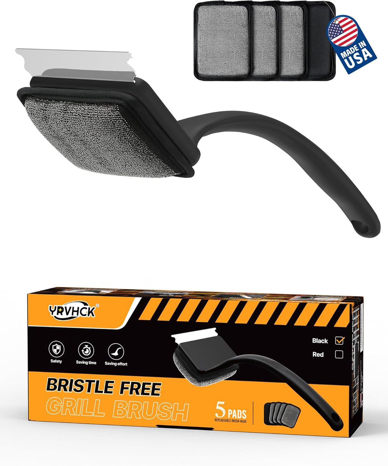 Grill Brush Bristle Free, Grill Cleaner Brush with 5 Replacement Heads, Ultra Safe Grill Brush for Outdoor Grill, Cast Iron, Stainless Steel Grates, Grill Scraper Outdoor BBQ Grill, Black WN420