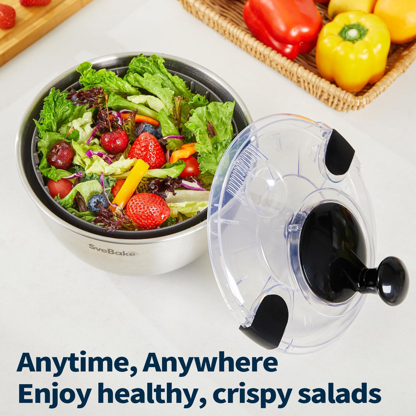 Stainless Steel Salad Spinner, 4.8 Qt Vegetable Washer, BPA-Free Lettuce Dryer with Crank Design, Easy Clean, Non-Slip Base - Transparent Lid BST220