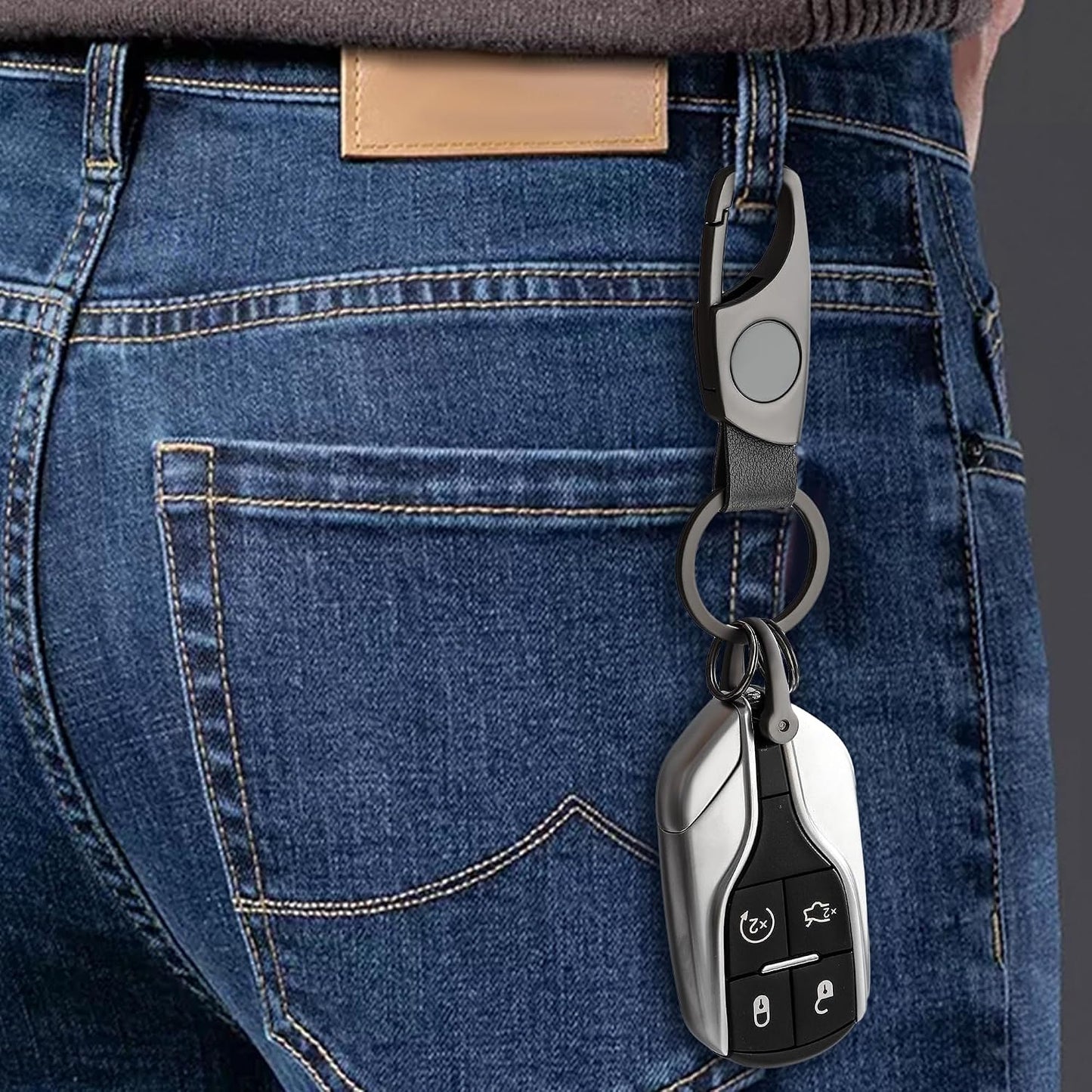 Gkeygo Carabiner Keychain, Key Chains for Car Key with 2 Key Rings and Anti-Lost D-Ring, Multifunctional Keychains for Men and Women – Grey(Grey Leather) WN420