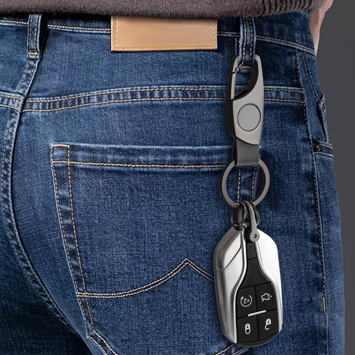 Gkeygo Carabiner Keychain, Key Chains for Car Key with 2 Key Rings and Anti-Lost D-Ring, Multifunctional Keychains for Men and Women – Grey(Grey Leather) WN420