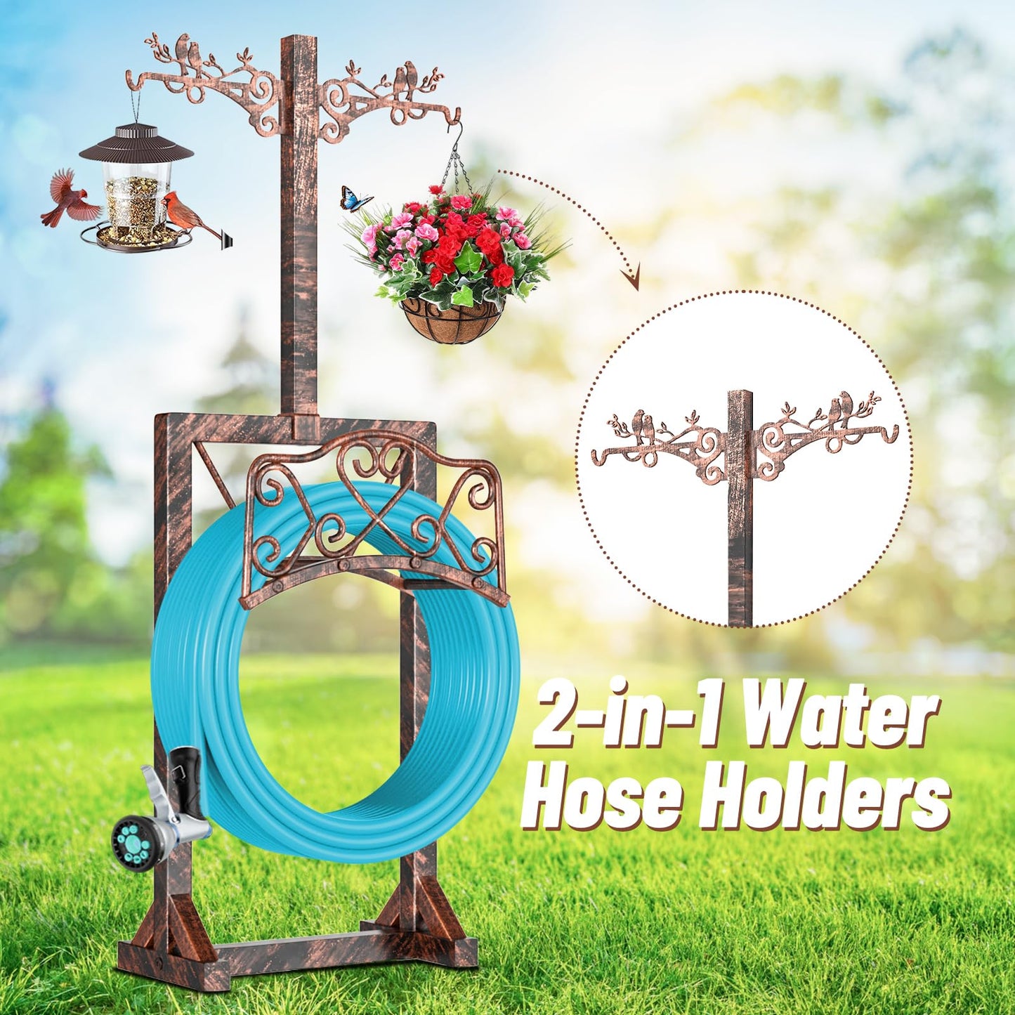 Garden Hose Holder, Freedstanding Heavy Duty Garden Water Hose Holder Stand with 2 Shepherds Hooks, Detachable Metal Hose Storage Hanger Rack for Outside Yard Lawn Farm DD1210
