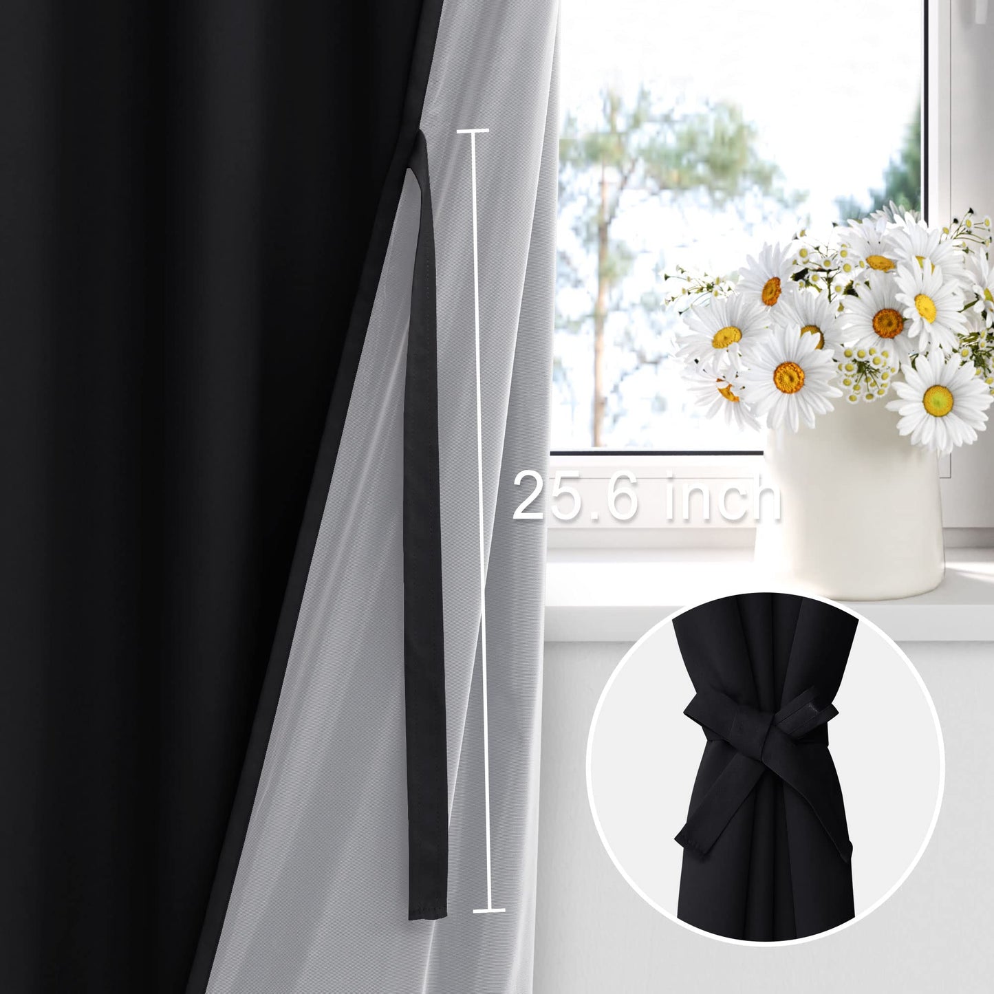 XWZO White Blackout Curtains with Tiebacks - Rod Pocket & Back Tab Heat and Full Light Blocking Window Panels for Bedroom/Nursery, 84 Inches Long Thermal Insulated Draperies, W42 x L84, Set of 2 BST326H
