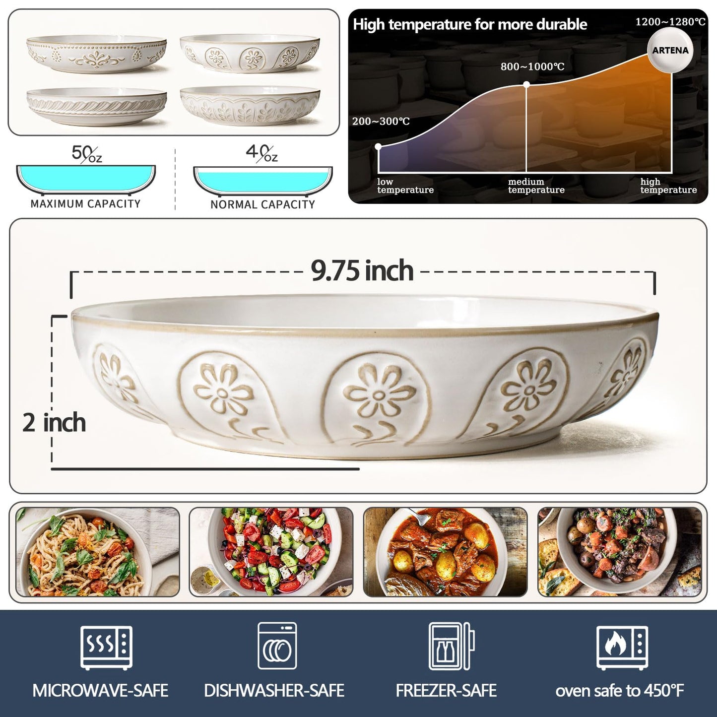 Artena Pasta Bowls, 50oz Large Salad Serving Bowls, 9.75'' Plates Bowls Set of 4, Big White Ceramic Soup Bowls for Kitchen, Embossment Shallow Dinner Bowl, Microwave Dishwasher Safe, Willow Leaf BST326H